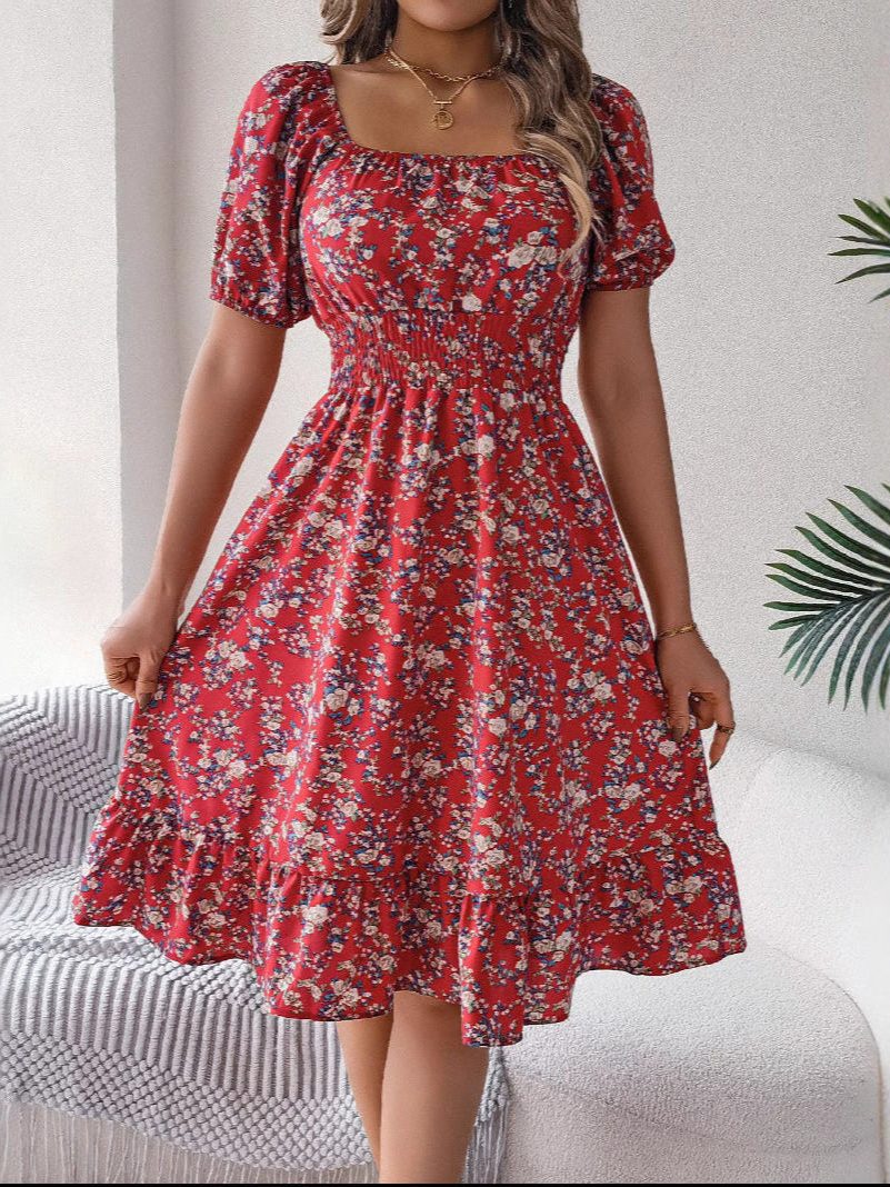Floral Off-Shoulder Midi Dress with Puffed Sleeves for Women - View 3