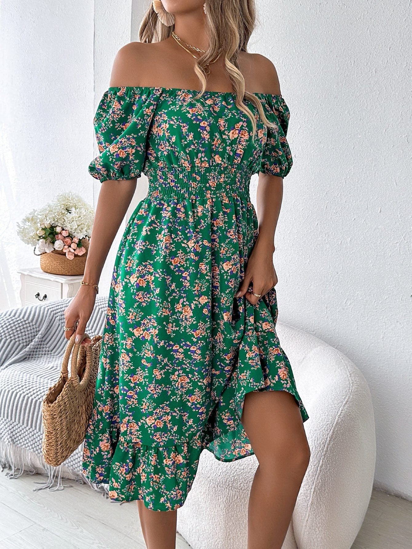Floral Off-Shoulder Midi Dress with Puffed Sleeves for Women - View 4