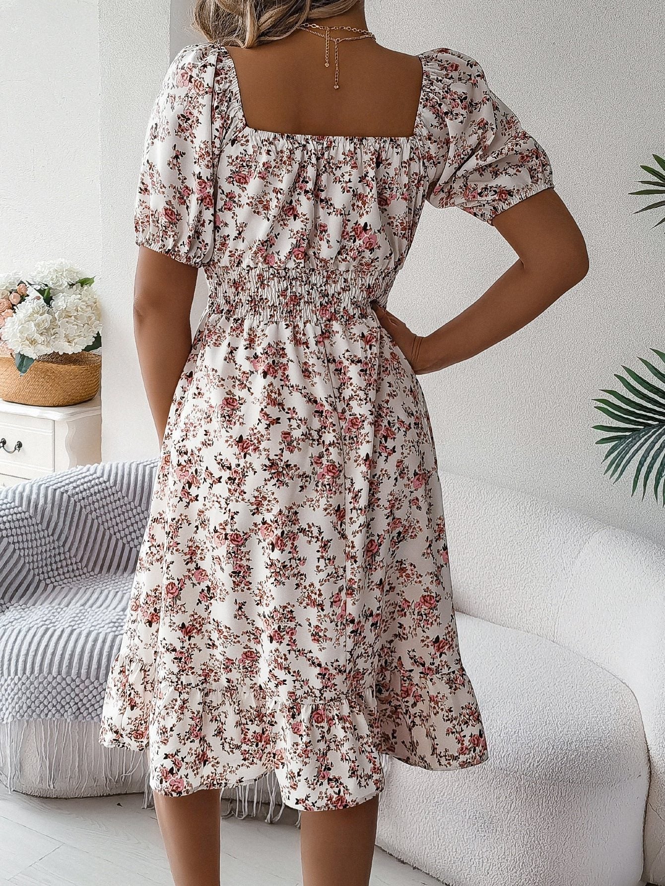 Floral Off-Shoulder Midi Dress with Puffed Sleeves for Women - View 5
