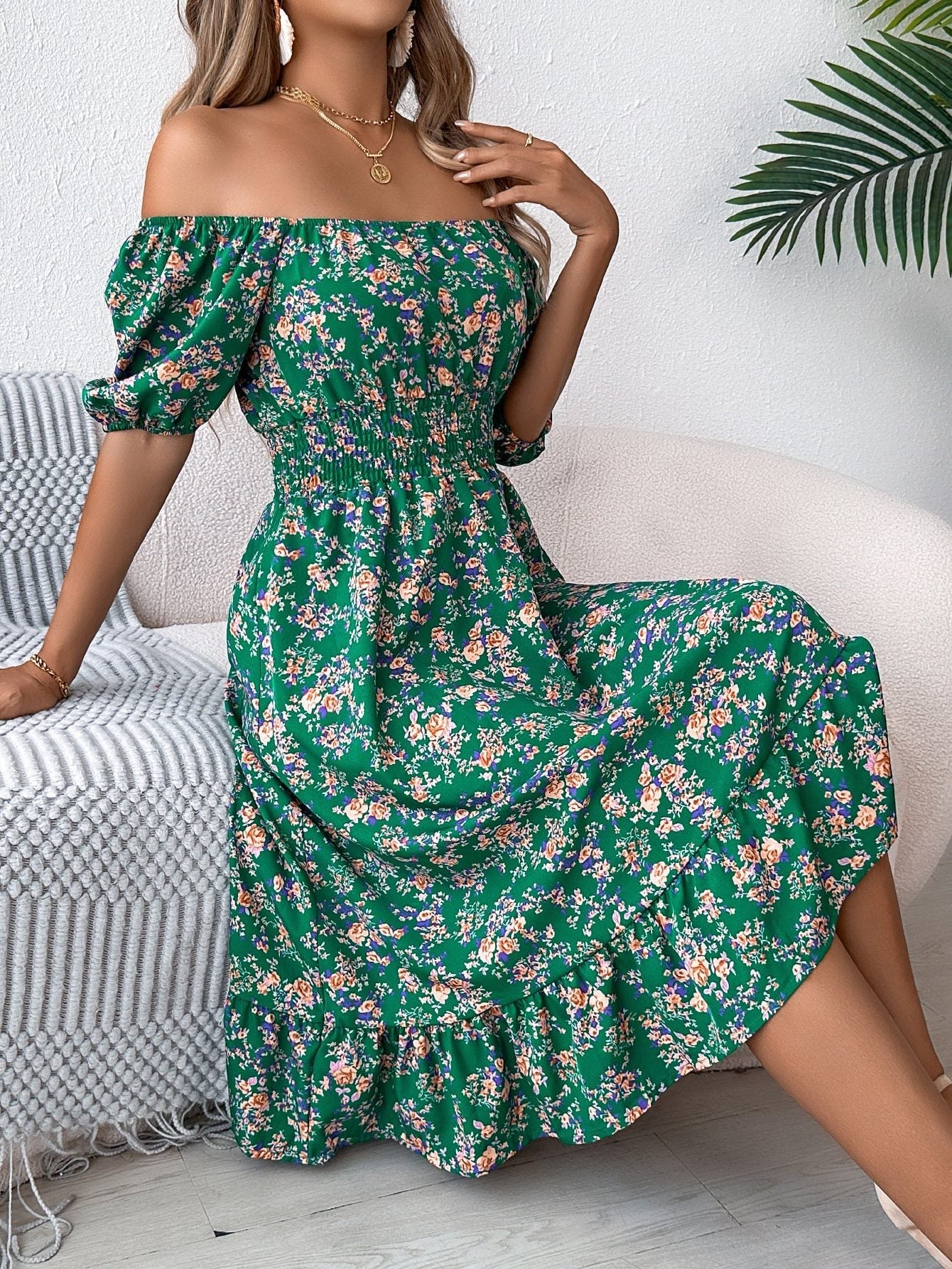 Floral Off-Shoulder Midi Dress with Puffed Sleeves for Women - Verde