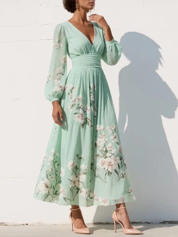 Floral Pleated Long Sleeve V-Neck Wedding Guest Midi Dress for Women - View 2