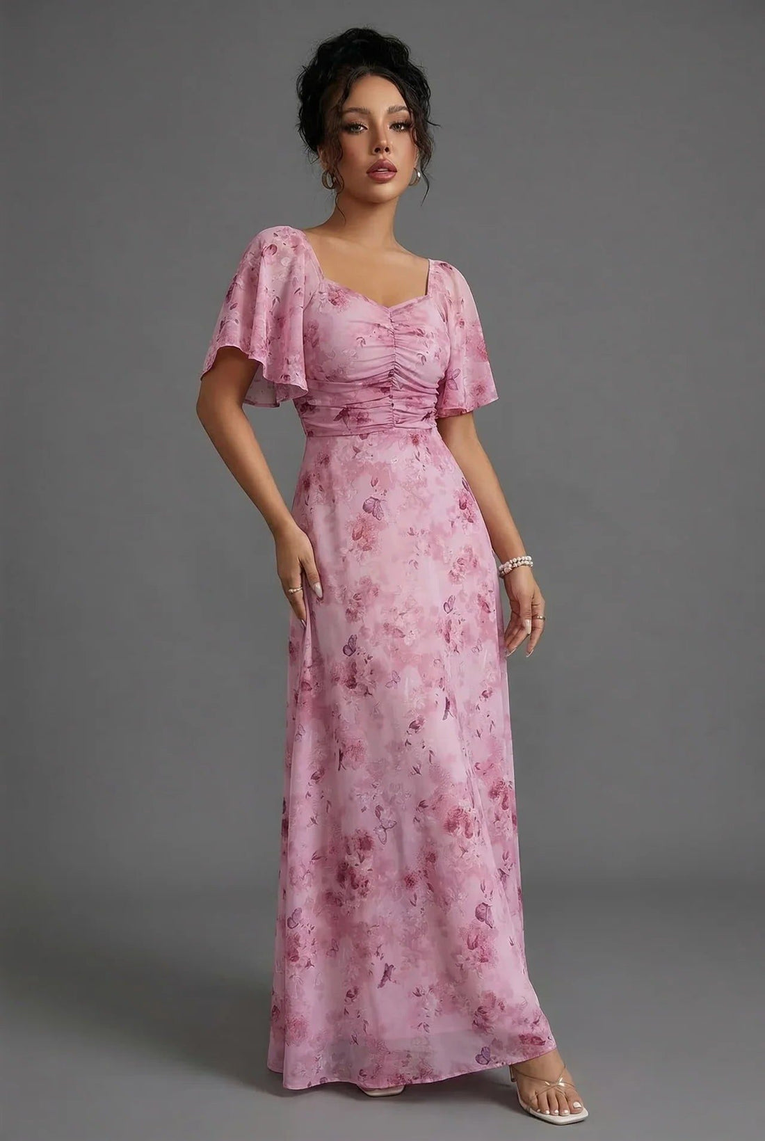 Floral Sweetheart Neck Flutter Sleeve Wedding Guest Maxi Dress for Women