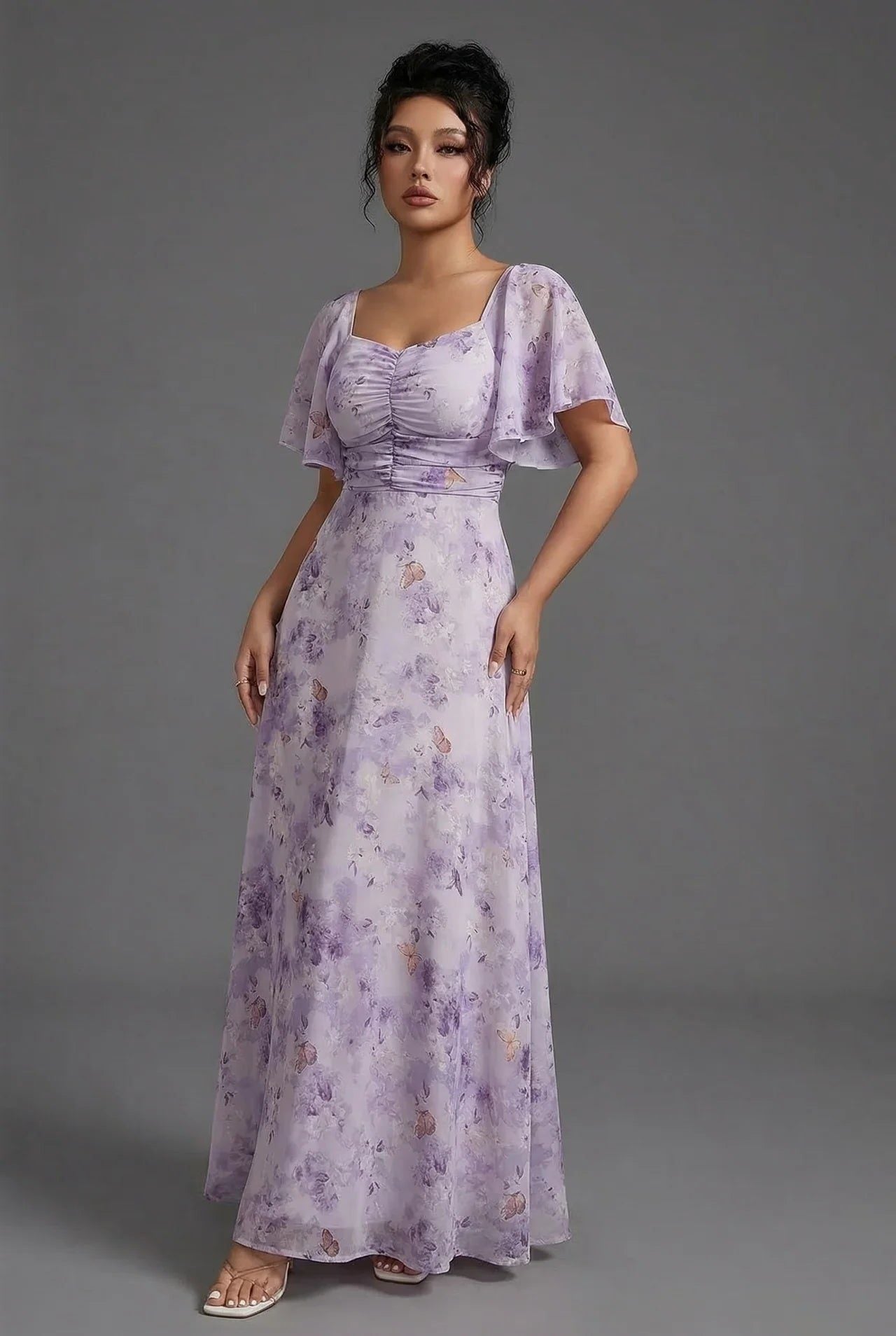 Floral Sweetheart Neck Flutter Sleeve Wedding Guest Maxi Dress for Women - Lavender