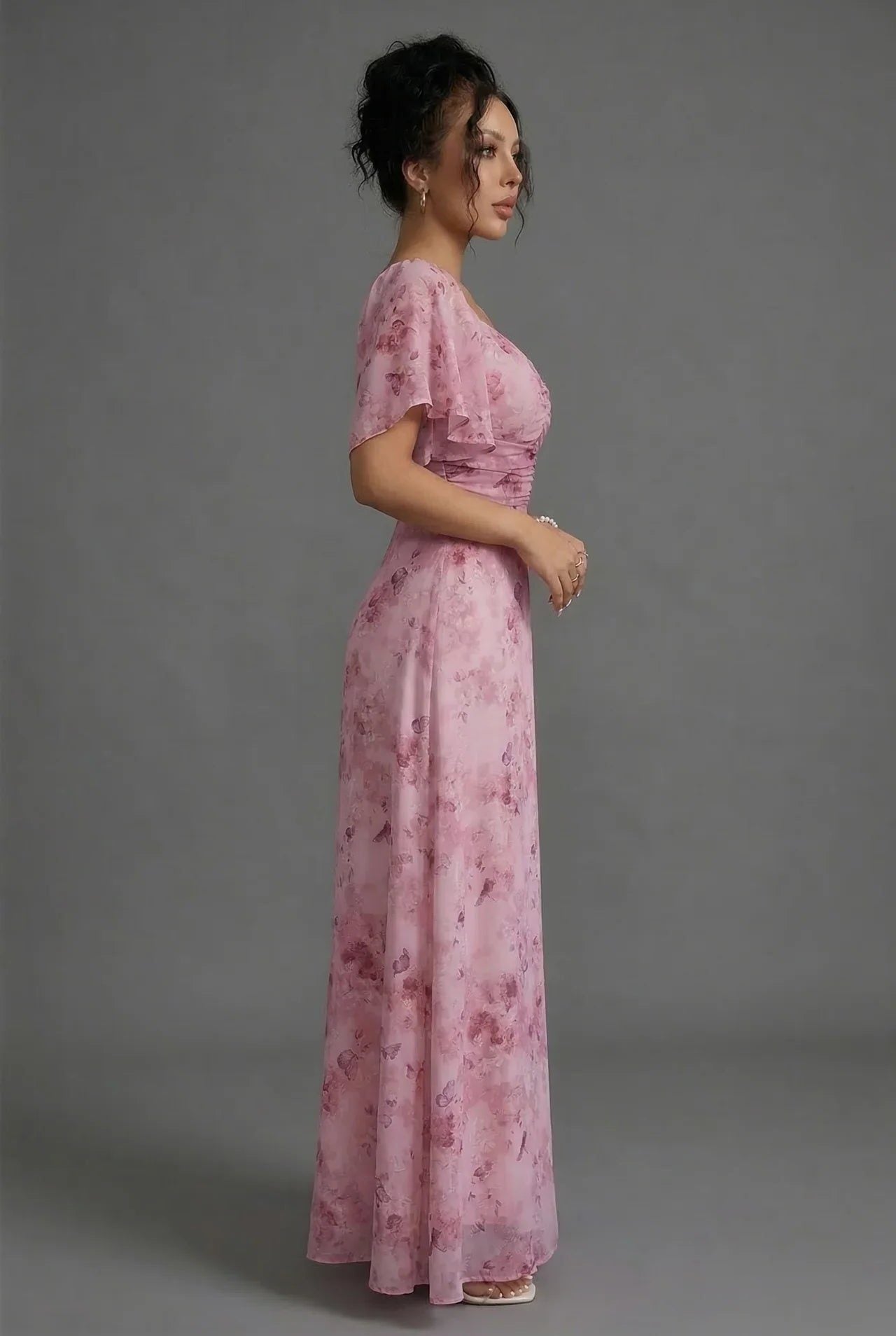 Floral Sweetheart Neck Flutter Sleeve Wedding Guest Maxi Dress for Women - View 2