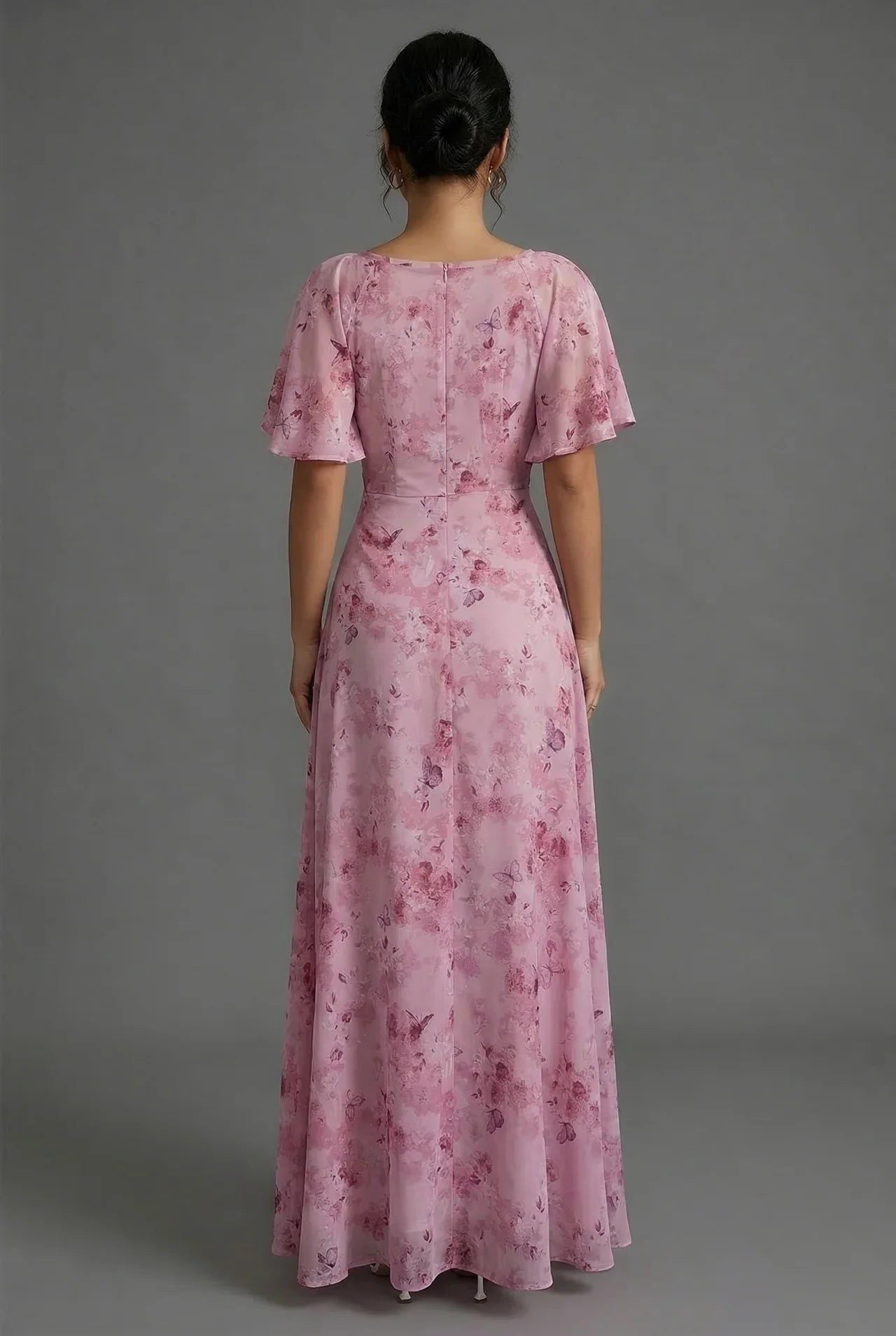 Floral Sweetheart Neck Flutter Sleeve Wedding Guest Maxi Dress for Women - View 3