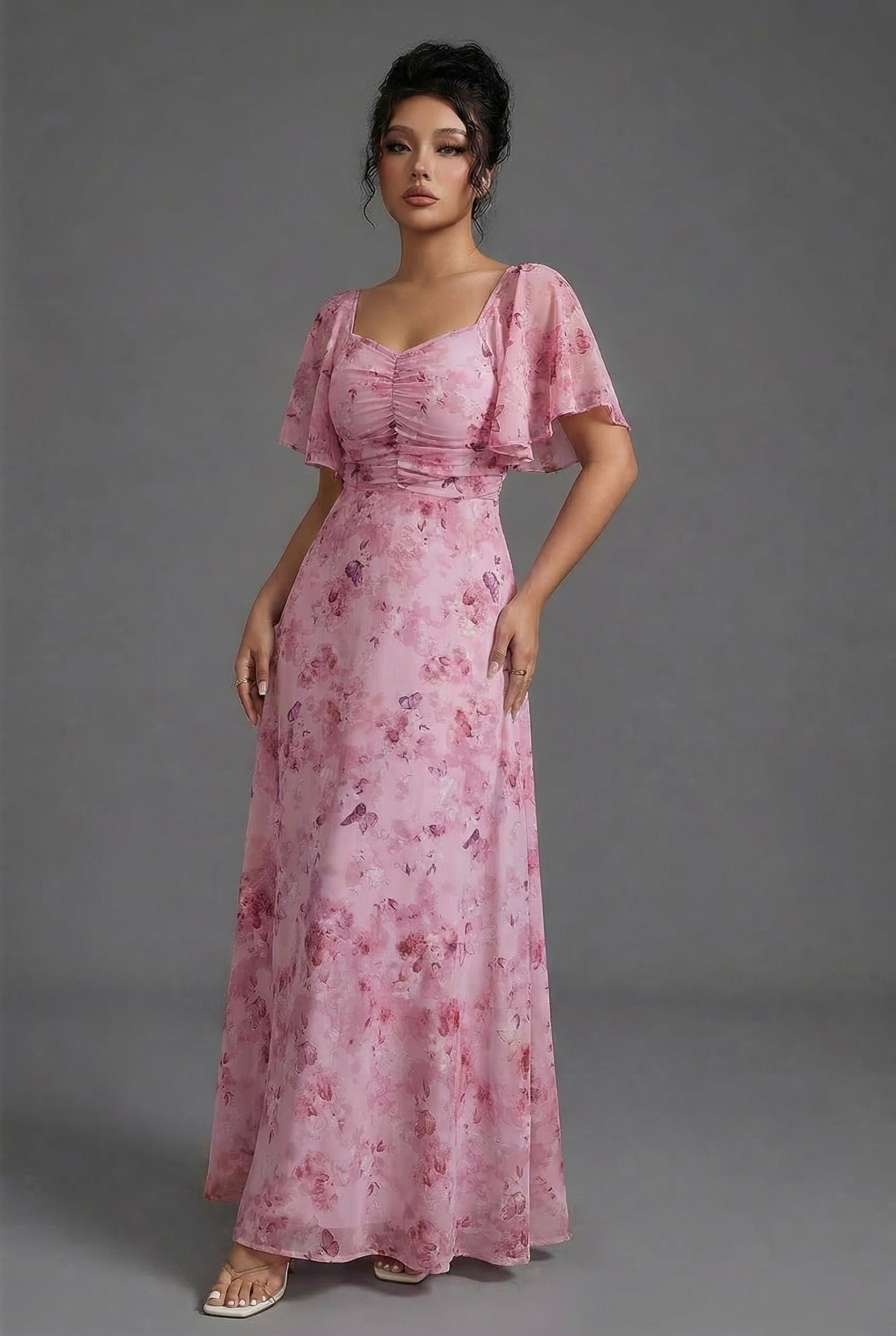 Floral Sweetheart Neck Flutter Sleeve Wedding Guest Maxi Dress for Women - View 4