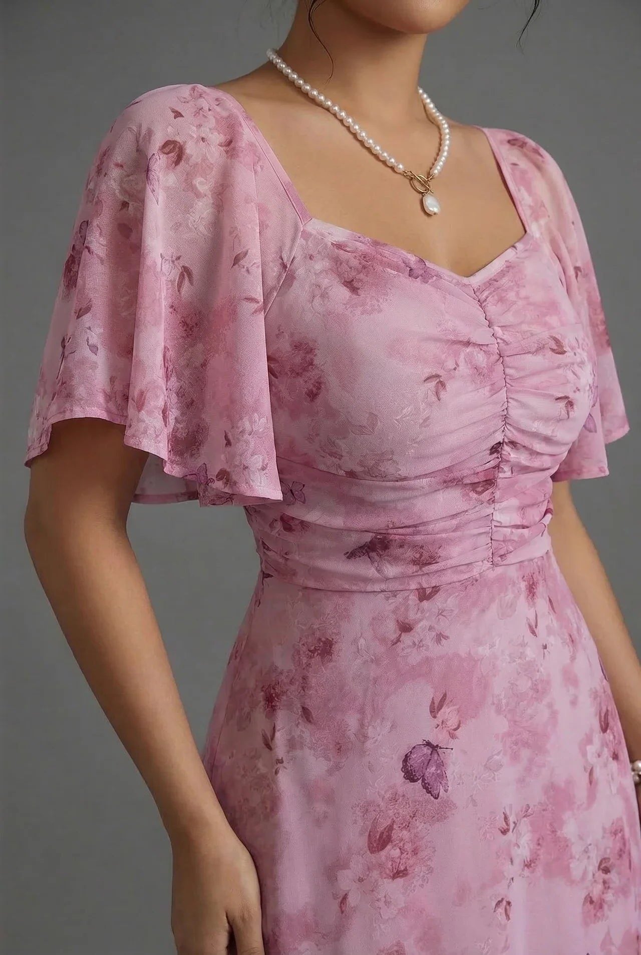 Floral Sweetheart Neck Flutter Sleeve Wedding Guest Maxi Dress for Women - View 5