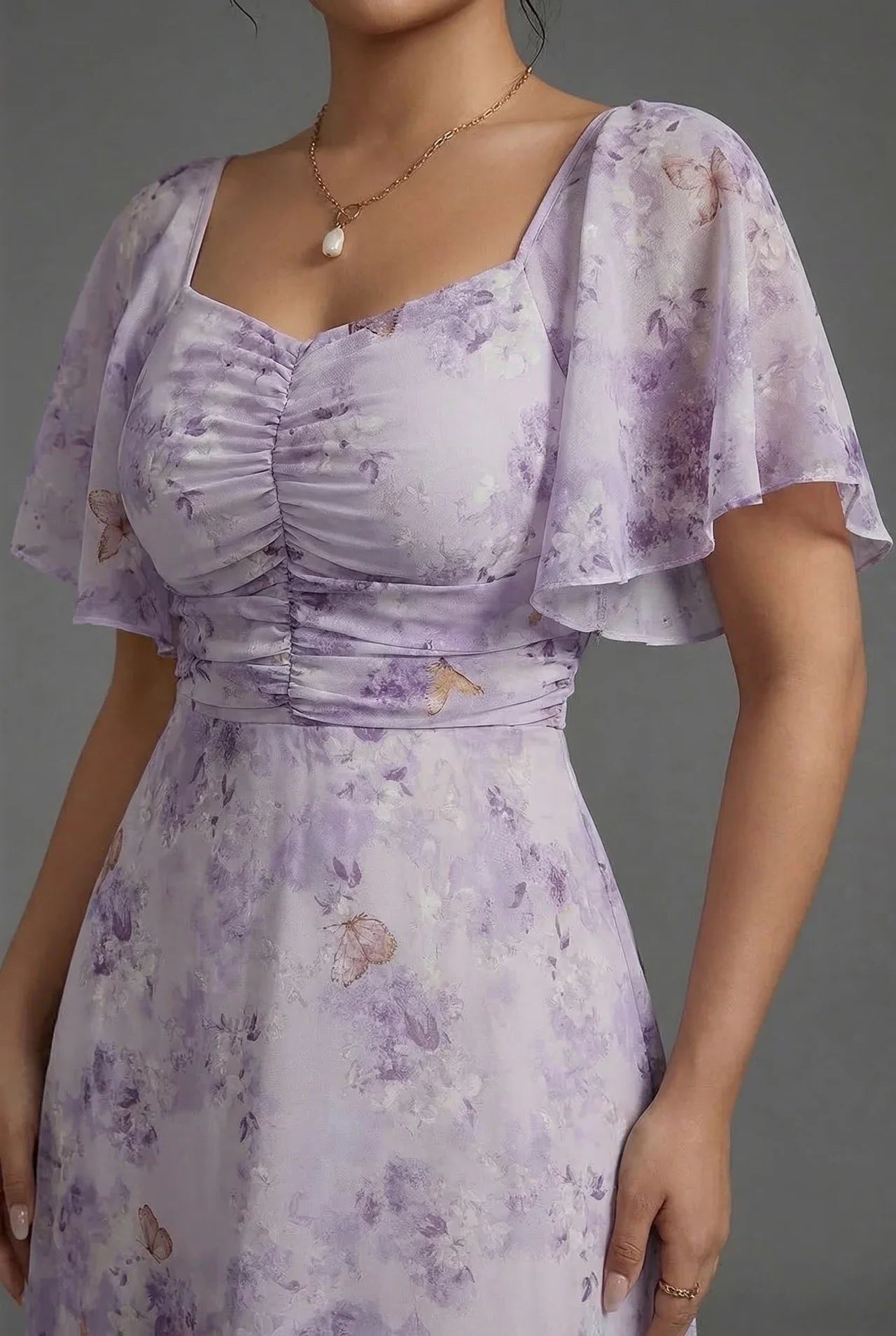 Floral Sweetheart Neck Flutter Sleeve Wedding Guest Maxi Dress for Women - View 8