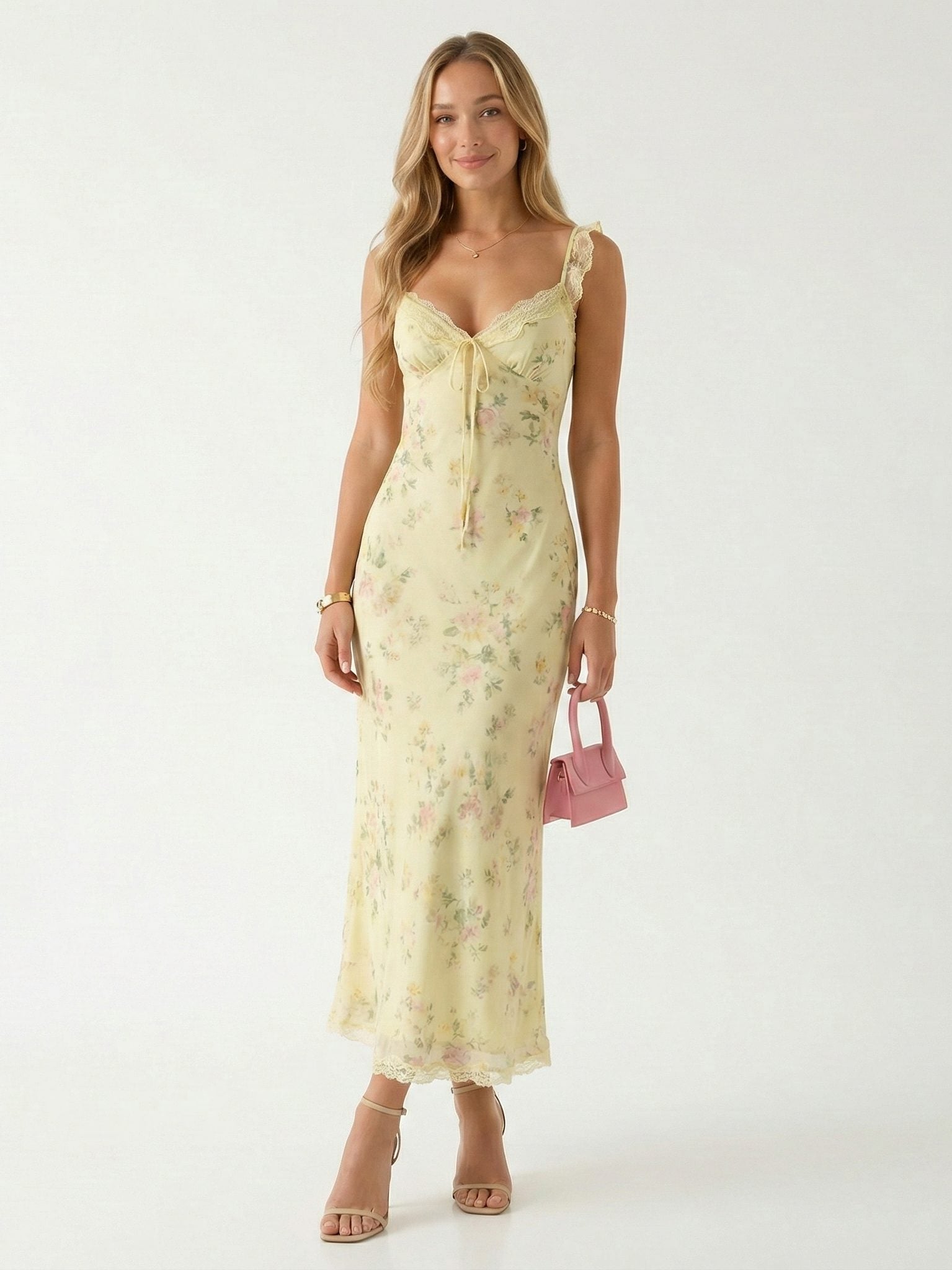 Floral Sweetheart Neck Lace Trim Wedding Guest Midi Dress for Women