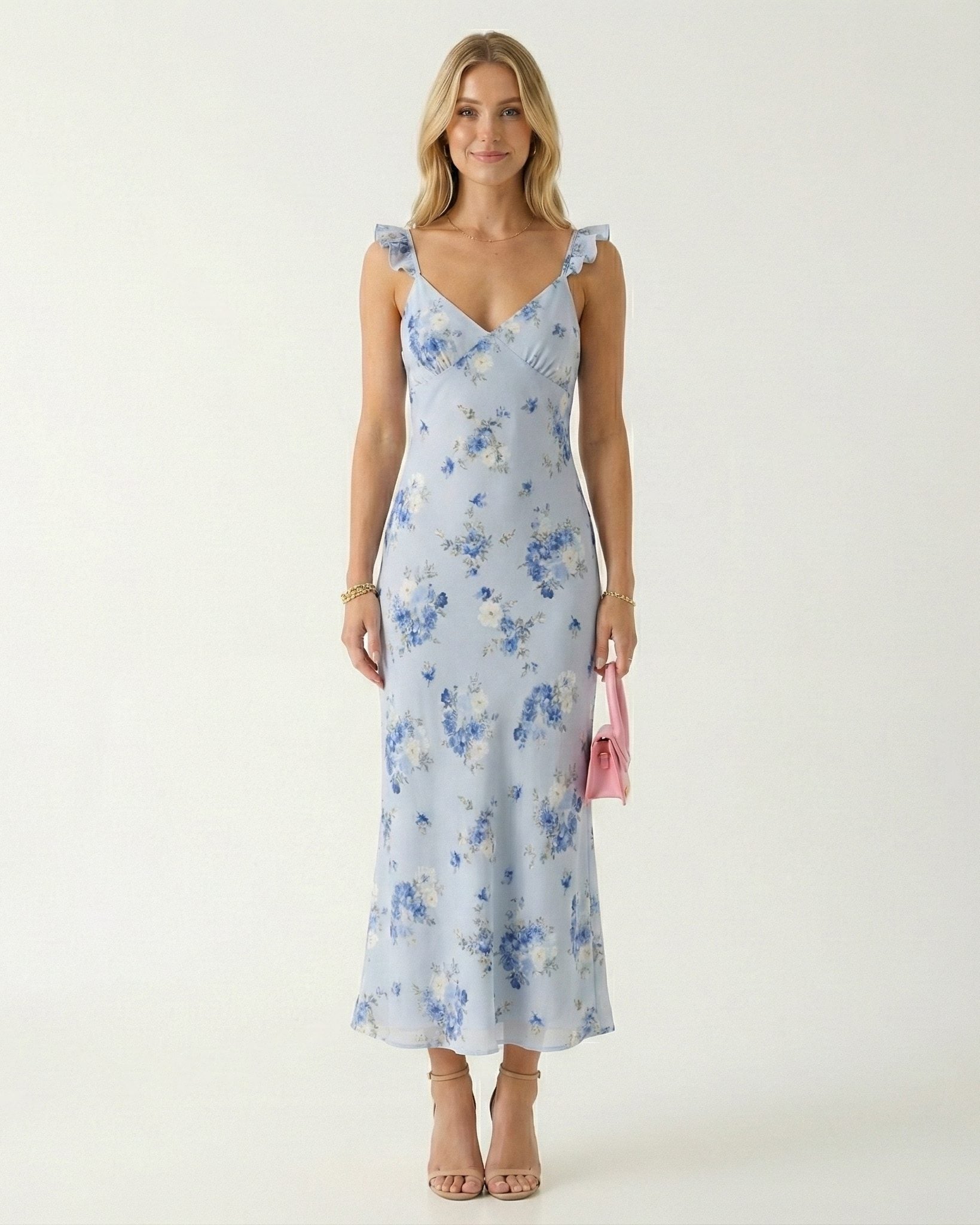 Floral Sweetheart Neck Lace Trim Wedding Guest Midi Dress for Women - Blue