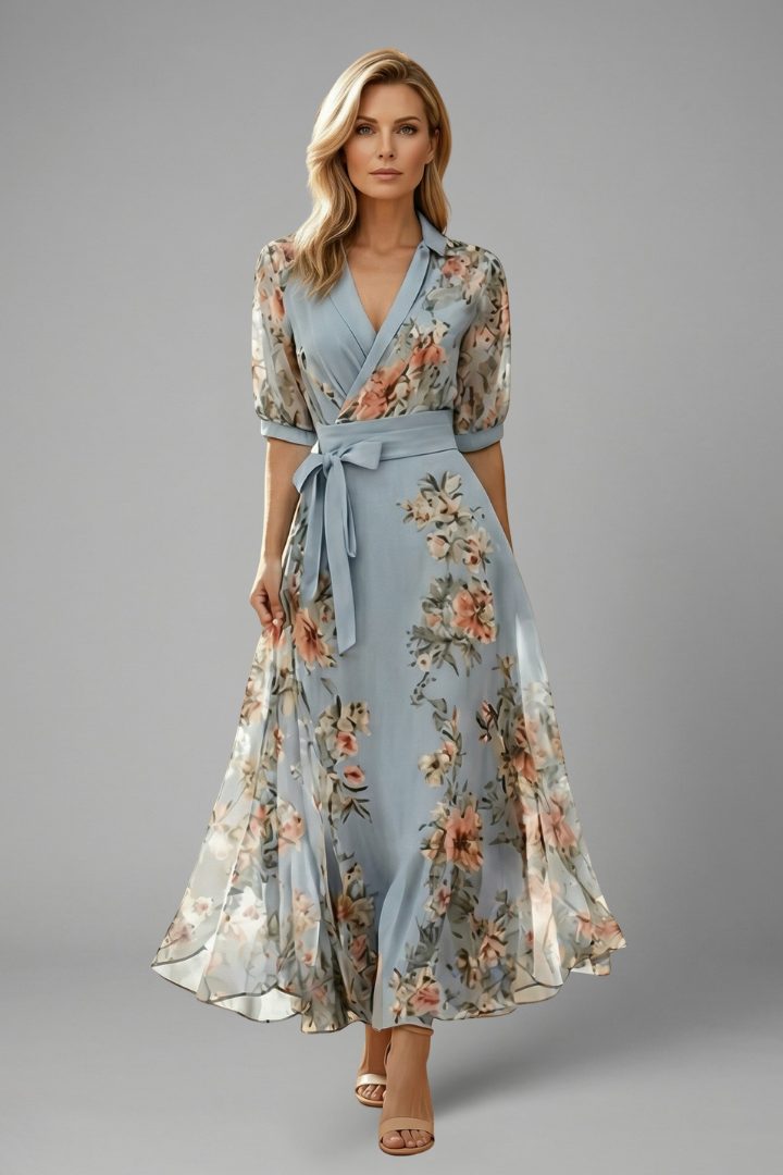 Floral V-Neck Midi Dress for Women - Blue