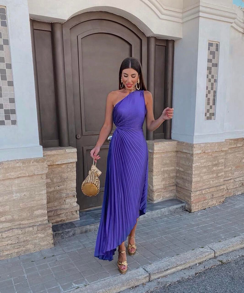 One Shoulder Asymmetric Midi Wedding Guest Dress for Women