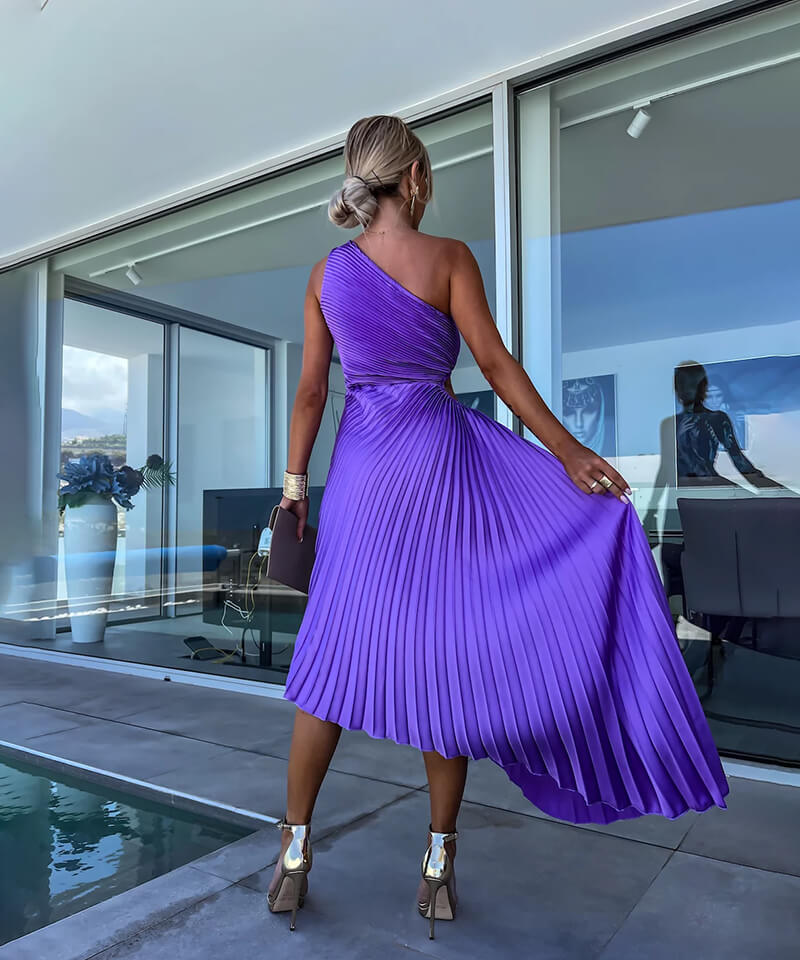 One Shoulder Asymmetric Midi Wedding Guest Dress for Women