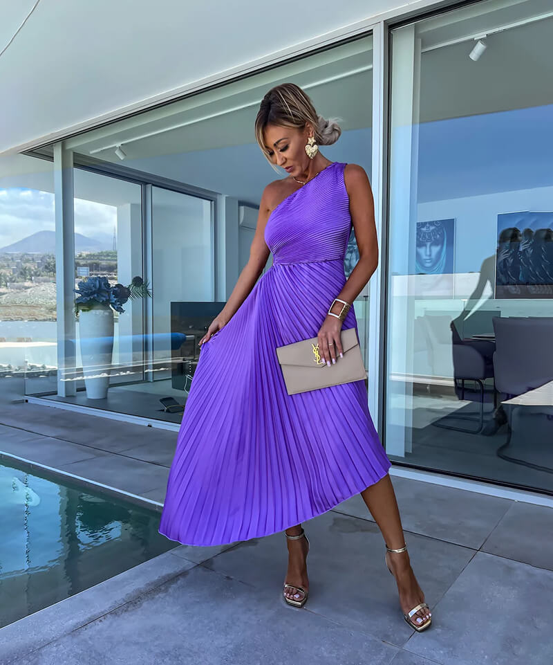 One Shoulder Asymmetric Midi Wedding Guest Dress for Women