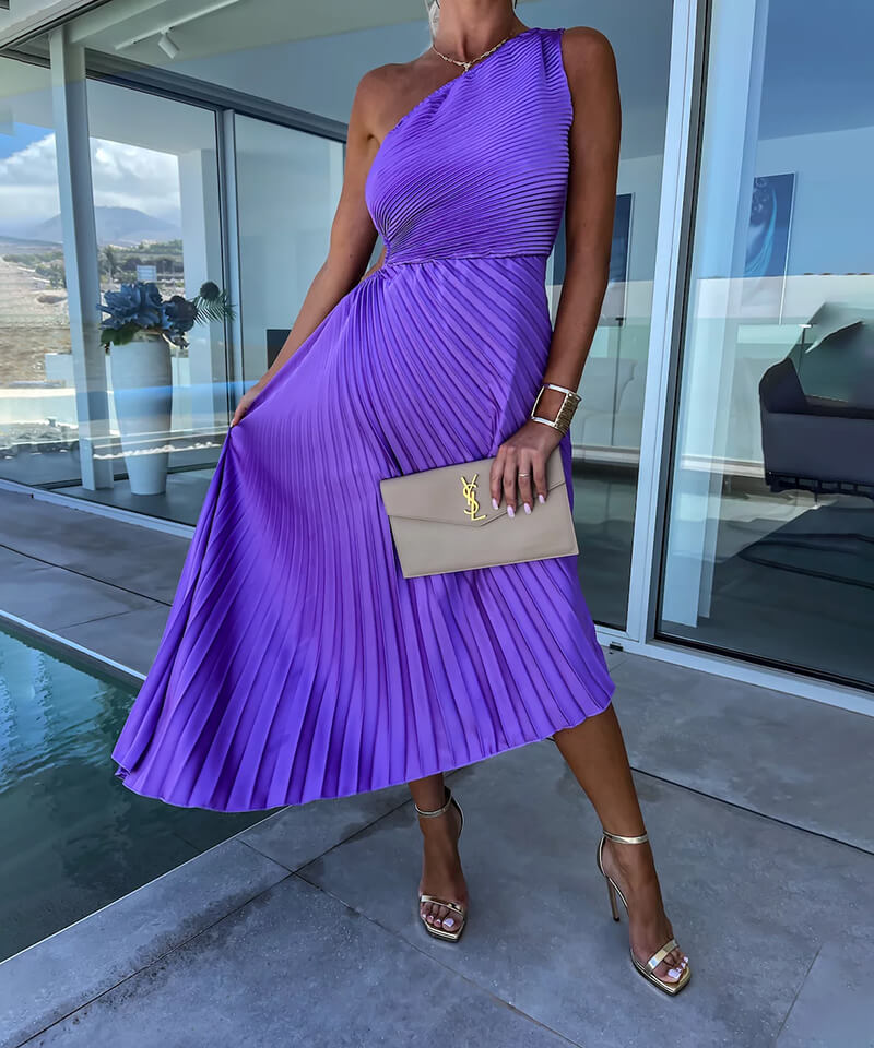 One Shoulder Asymmetric Midi Wedding Guest Dress for Women