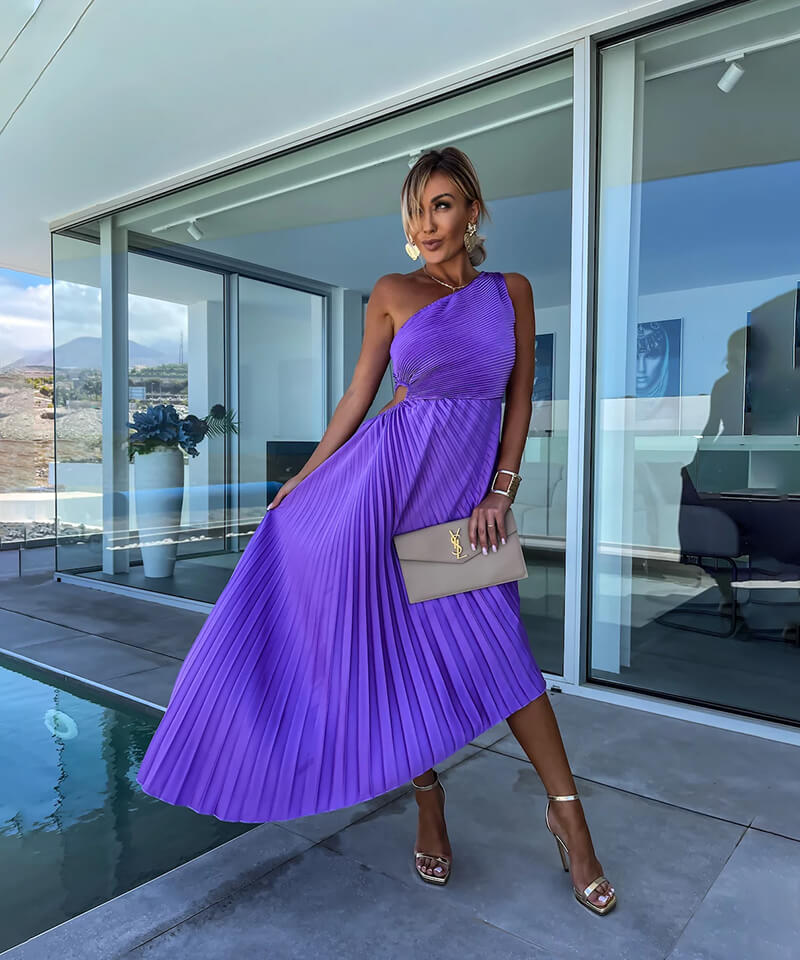 One Shoulder Asymmetric Midi Wedding Guest Dress for Women