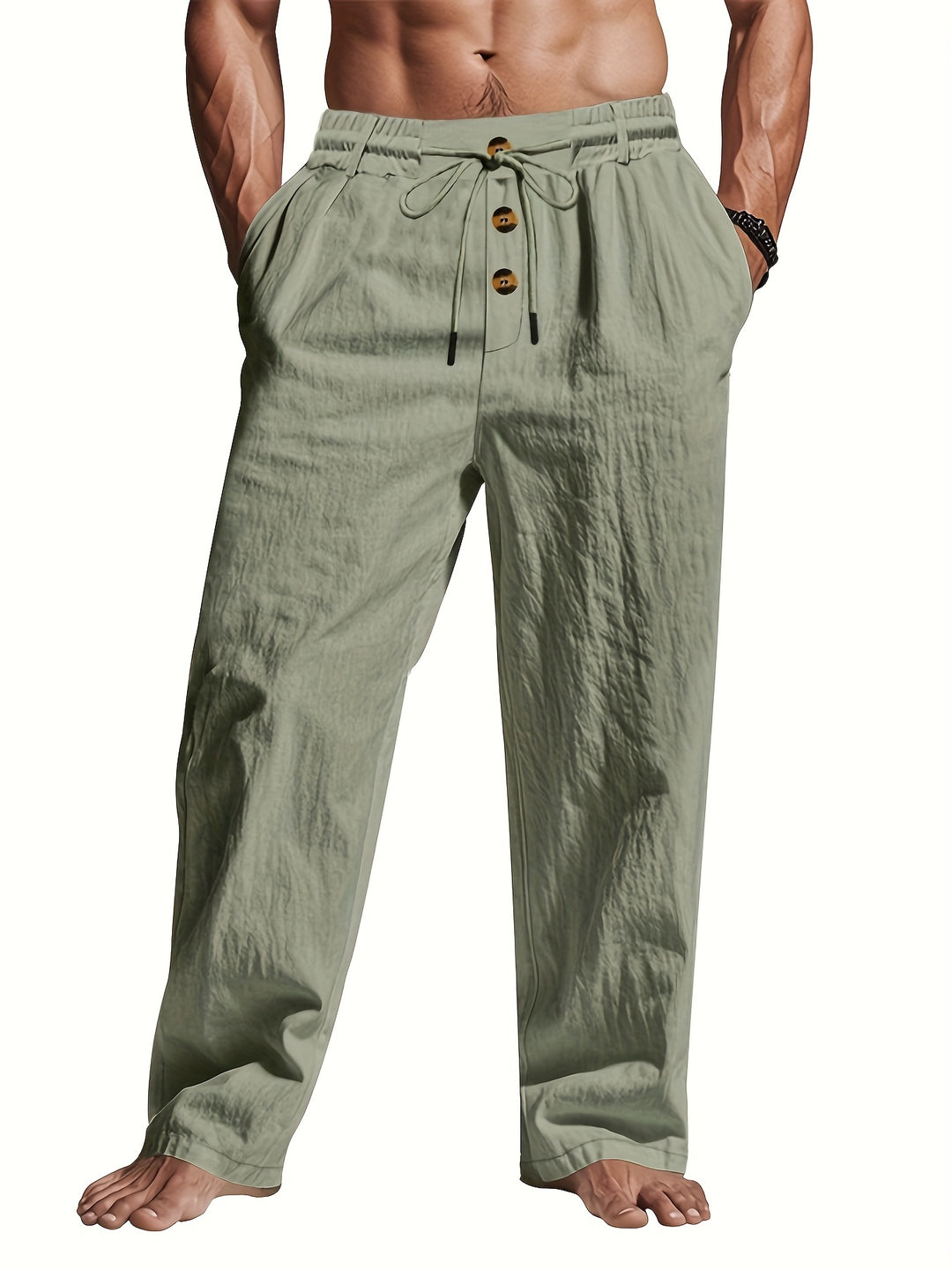 Linen Drawstring Straight Leg Trousers for Men