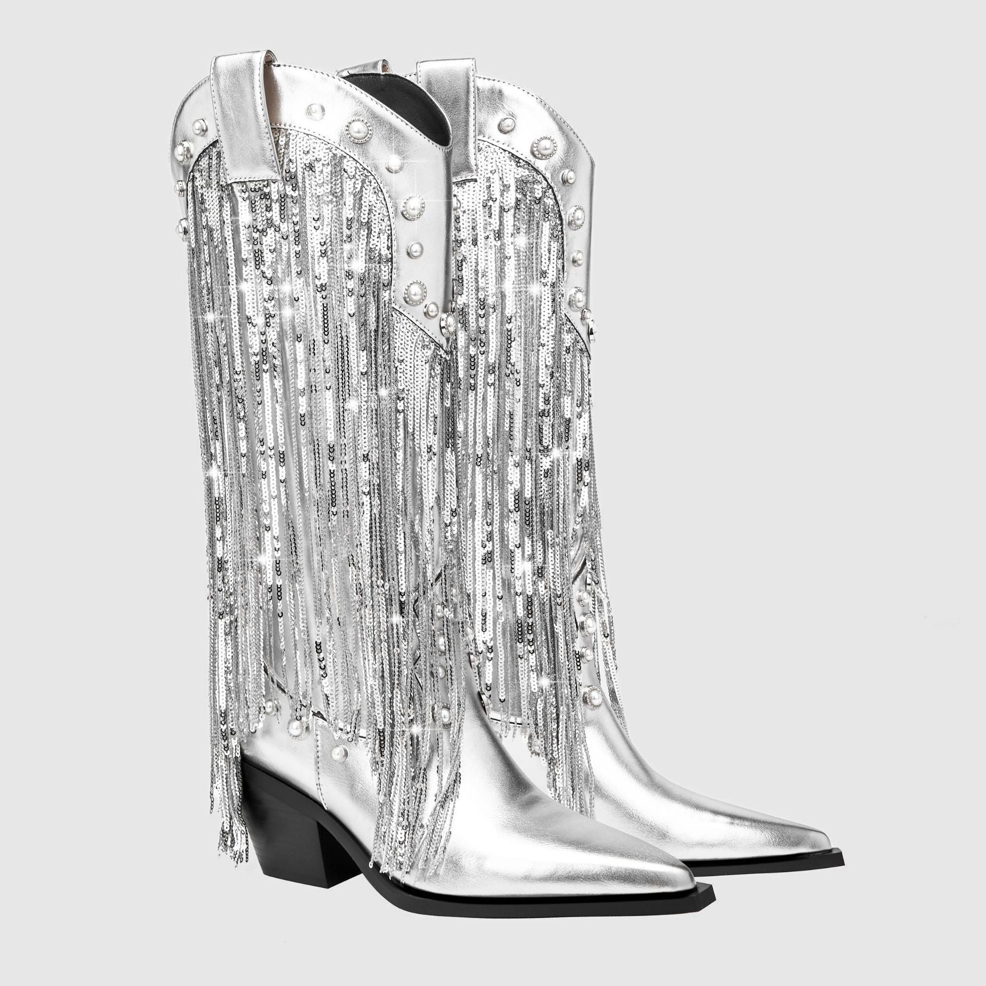 Fringe Mid-Calf Cowboy Boots for Women - Silver
