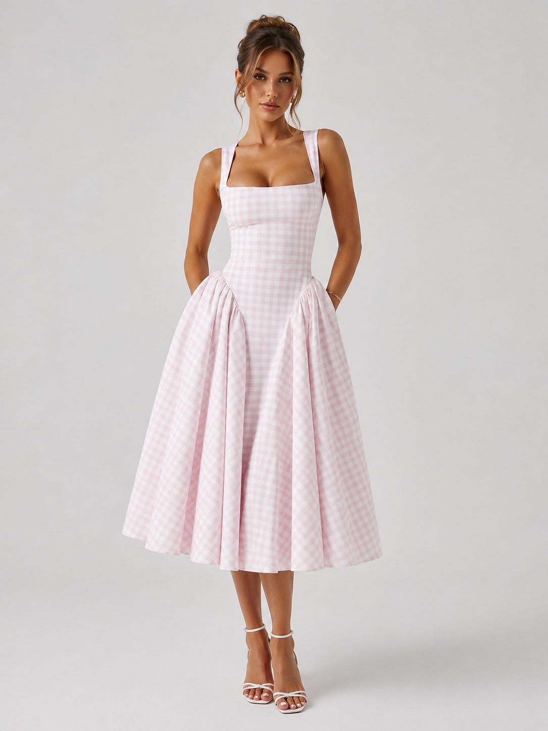 Gingham Square Neck Midi Dress for Women