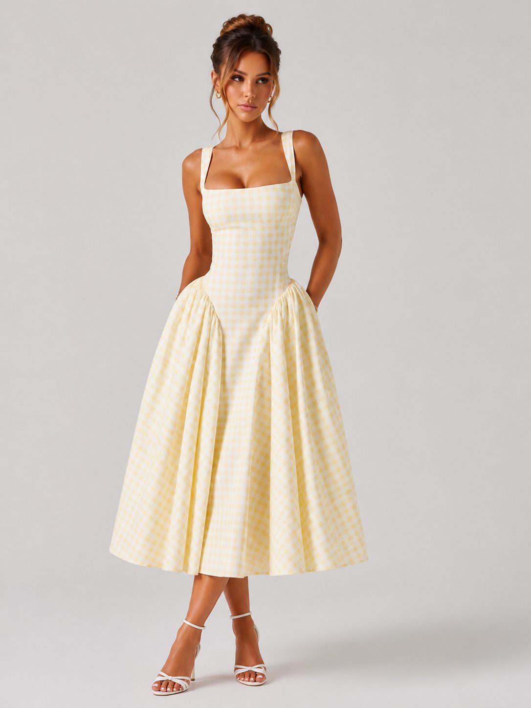 Gingham Square Neck Midi Dress for Women - Yellow