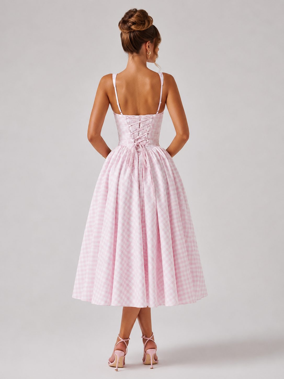 Gingham Square Neck Midi Dress for Women - View 2