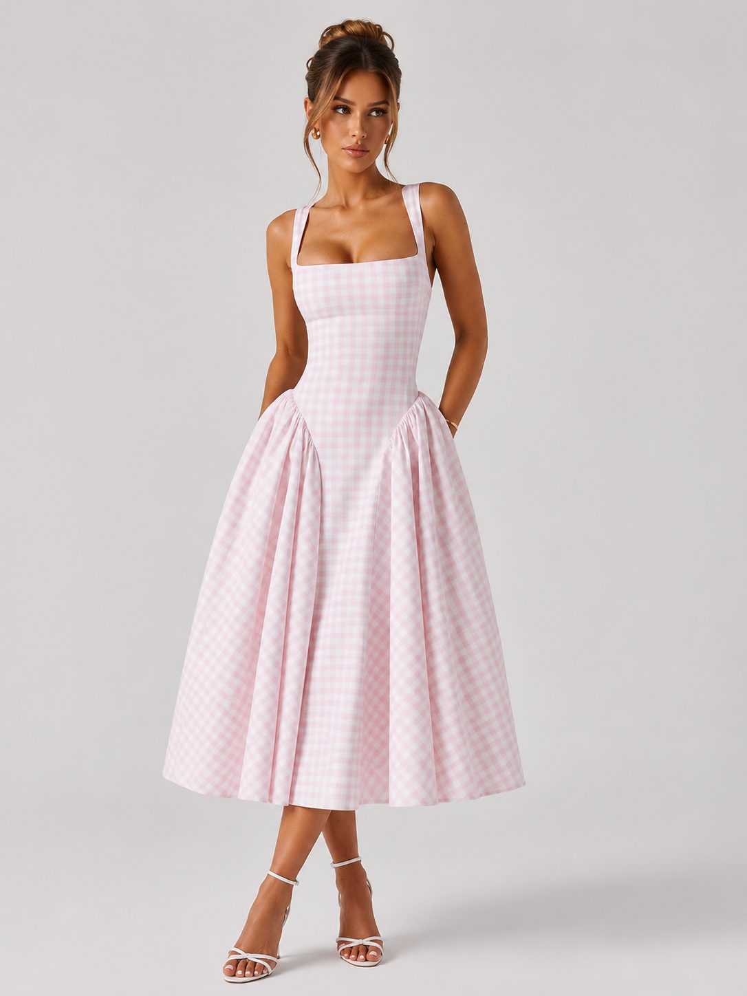 Gingham Square Neck Midi Dress for Women - View 3