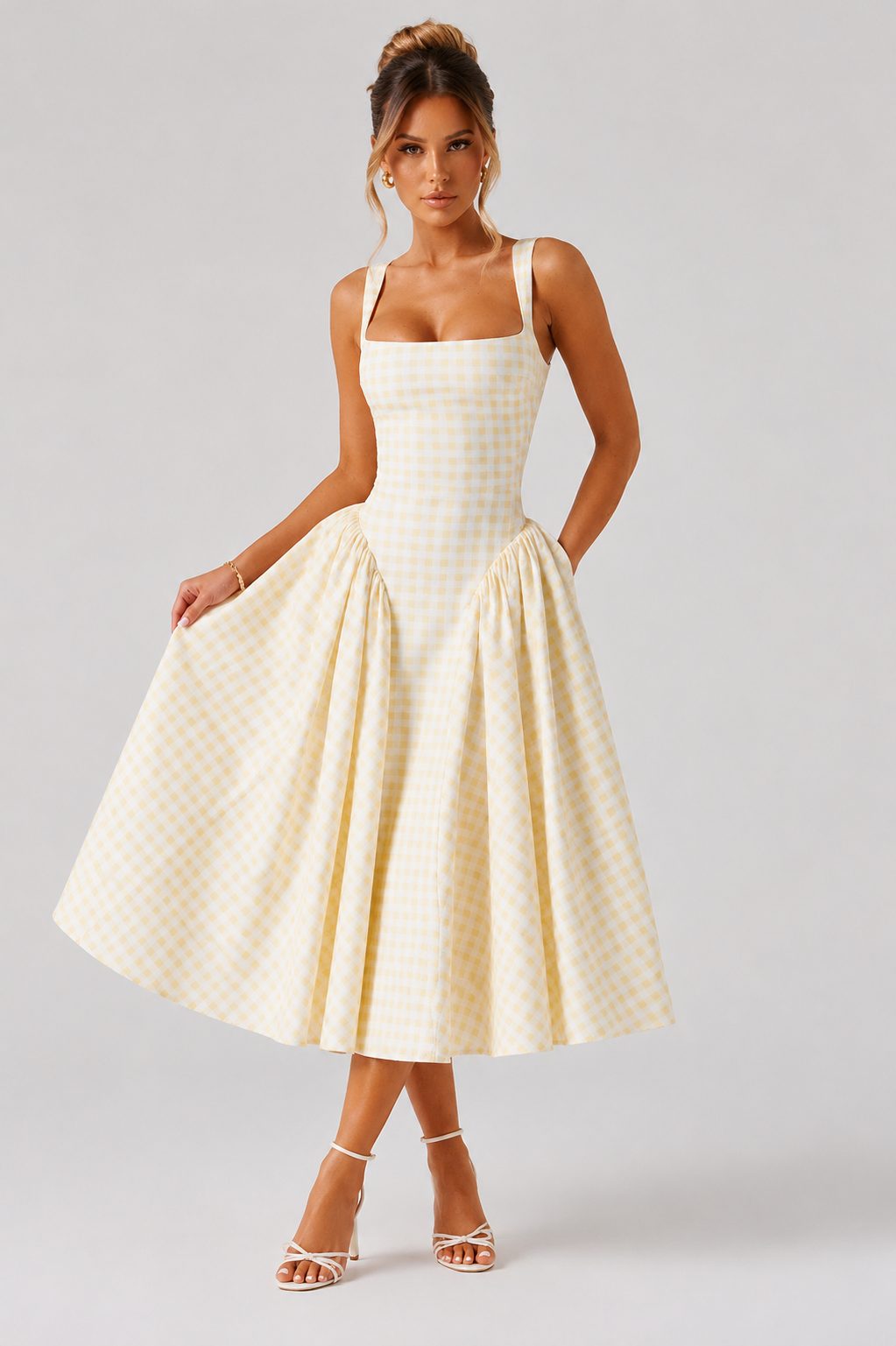 Gingham Square Neck Midi Dress for Women - View 6