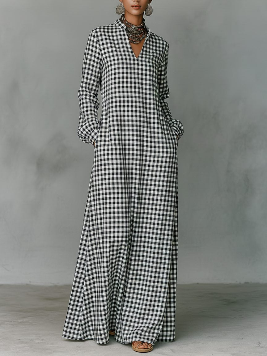 Gingham V-Neck Maxi Dress for Women