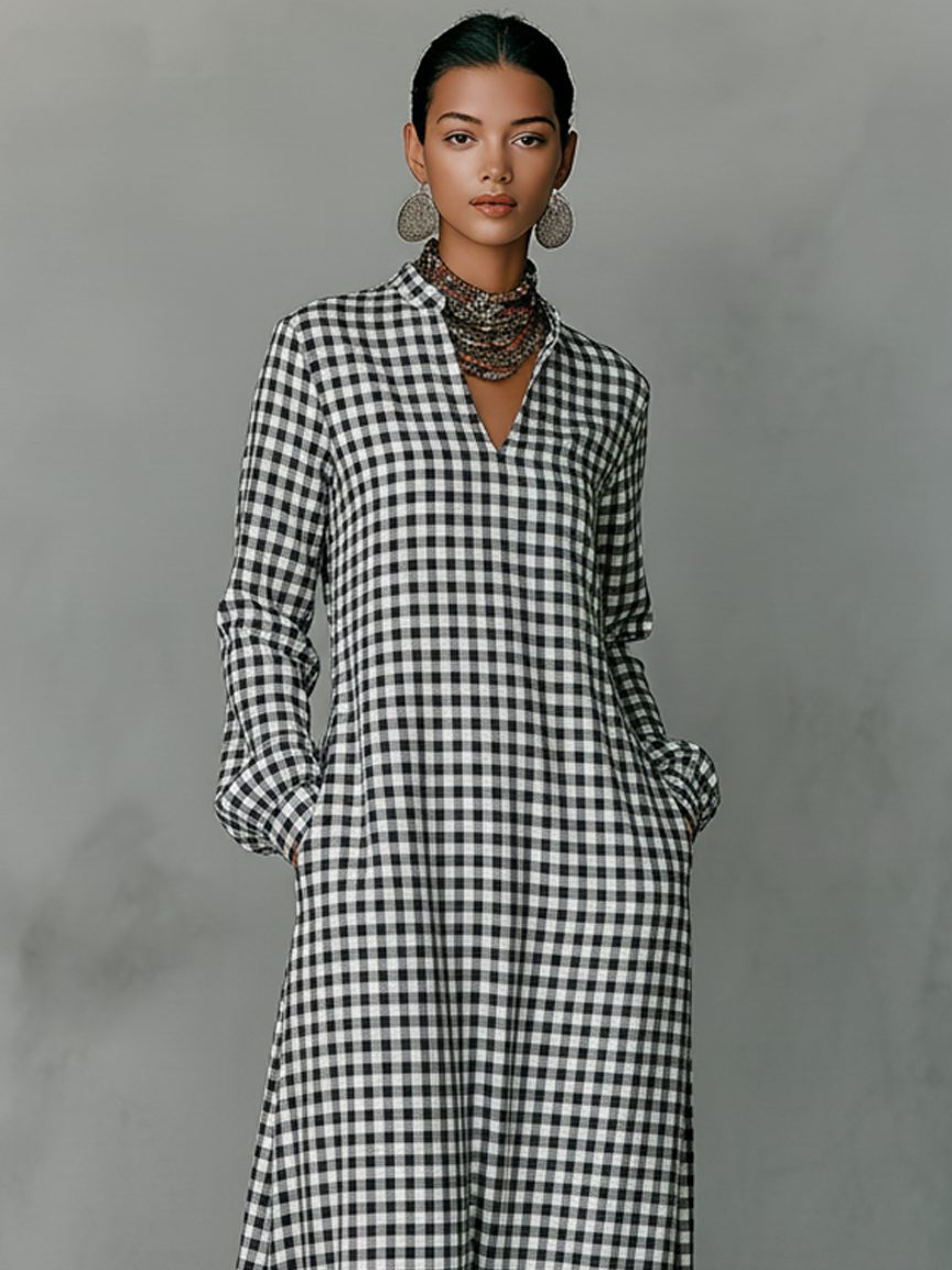 Gingham V-Neck Maxi Dress for Women