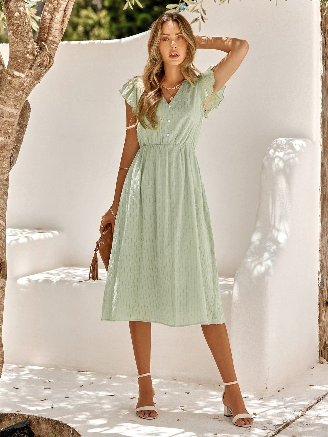 V-Neck Button-Down Midi Ibiza Dress for Women