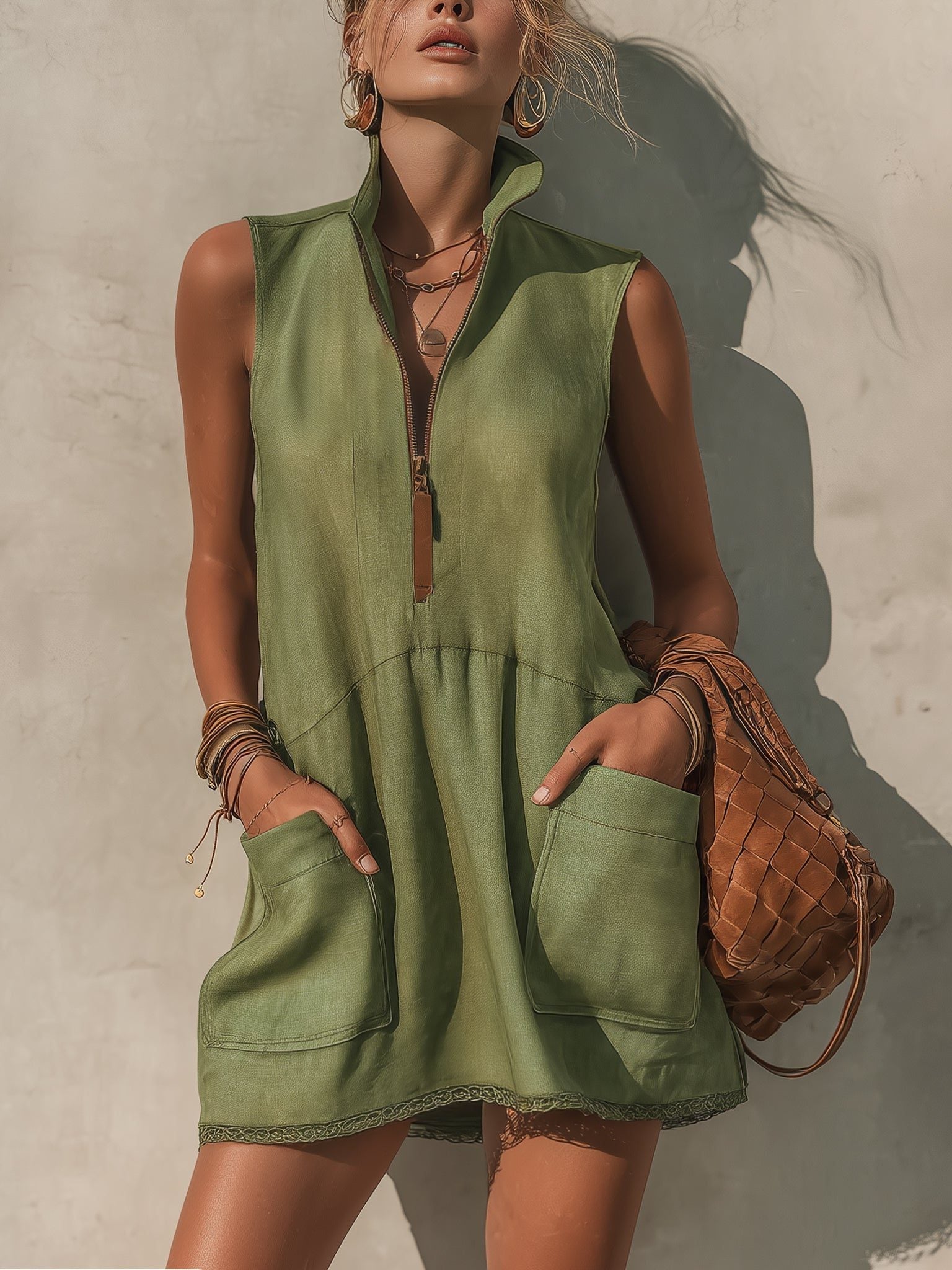 Half-Zip Linen A-Line Mini Dress for Women
