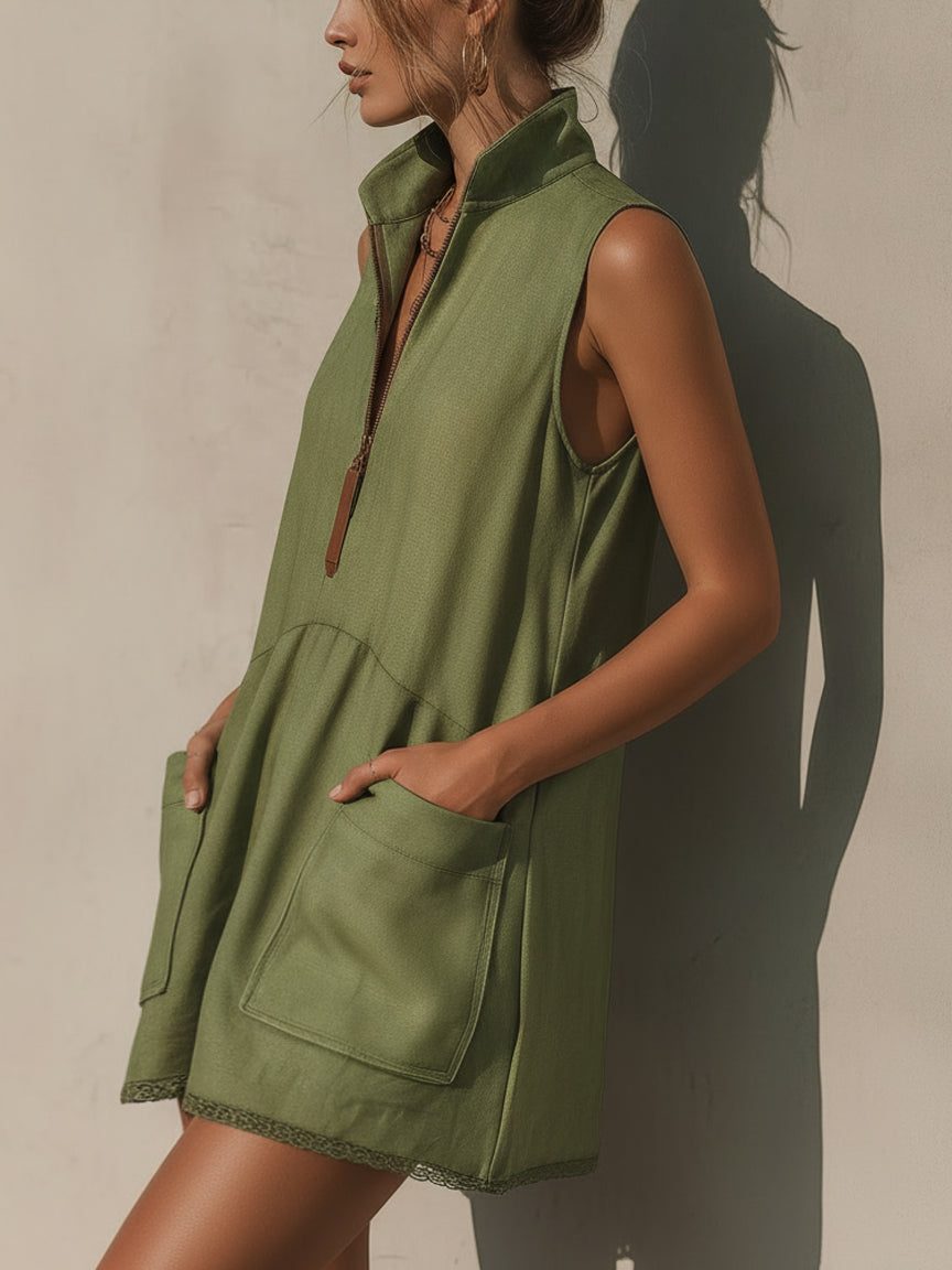 Half-Zip Linen A-Line Mini Dress for Women - View 2
