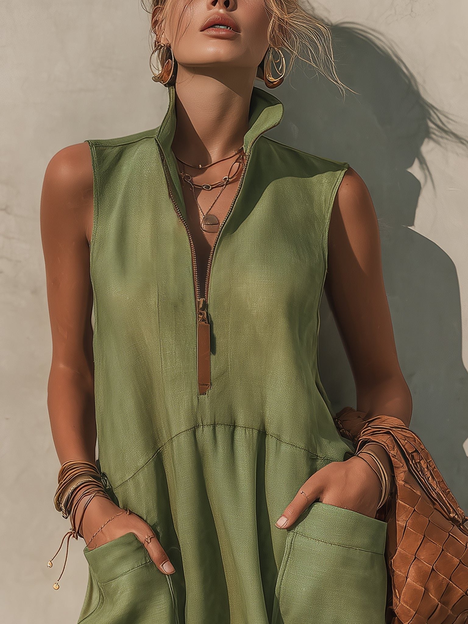 Half-Zip Linen A-Line Mini Dress for Women - View 3