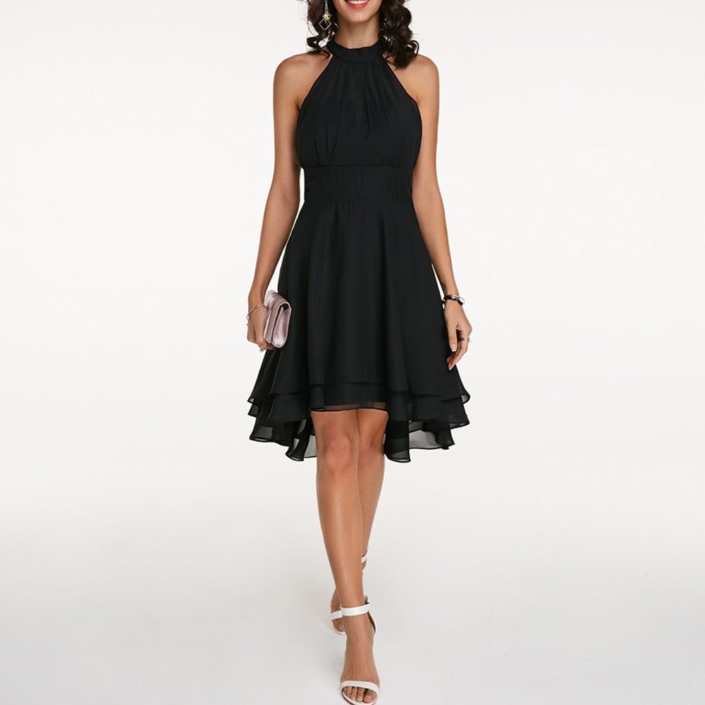Halter Neck A-Line Knee-Length Dress for Women - Black