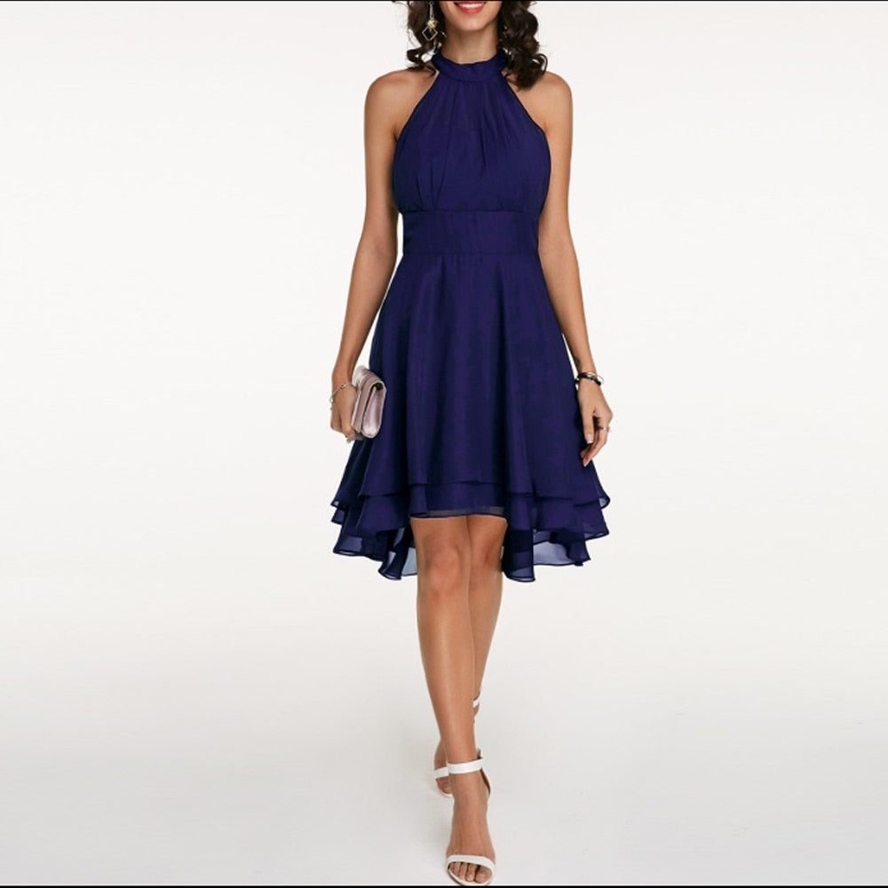 Halter Neck A-Line Knee-Length Dress for Women - Blue