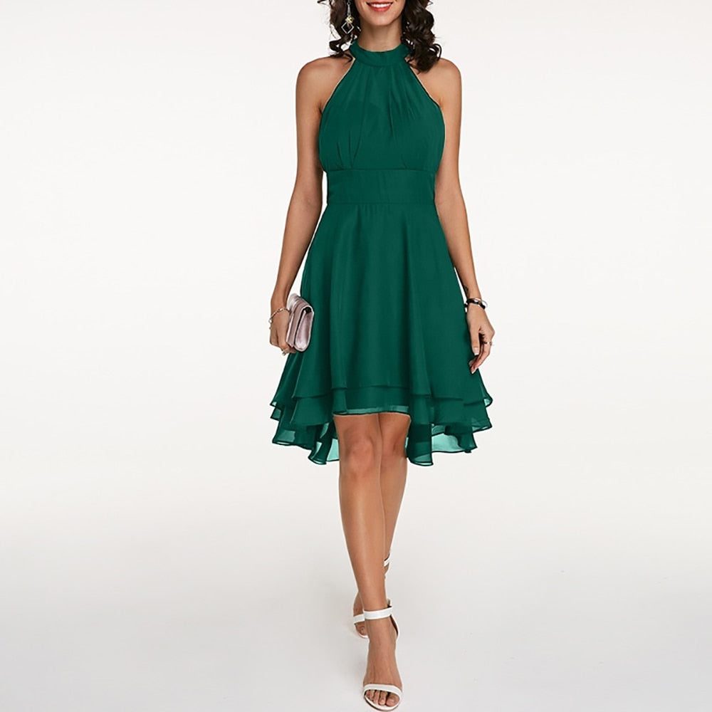 Halter Neck A-Line Knee-Length Dress for Women - Green
