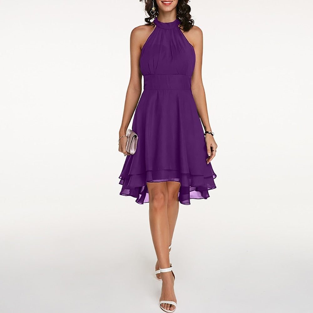 Halter Neck A-Line Knee-Length Dress for Women - Purple