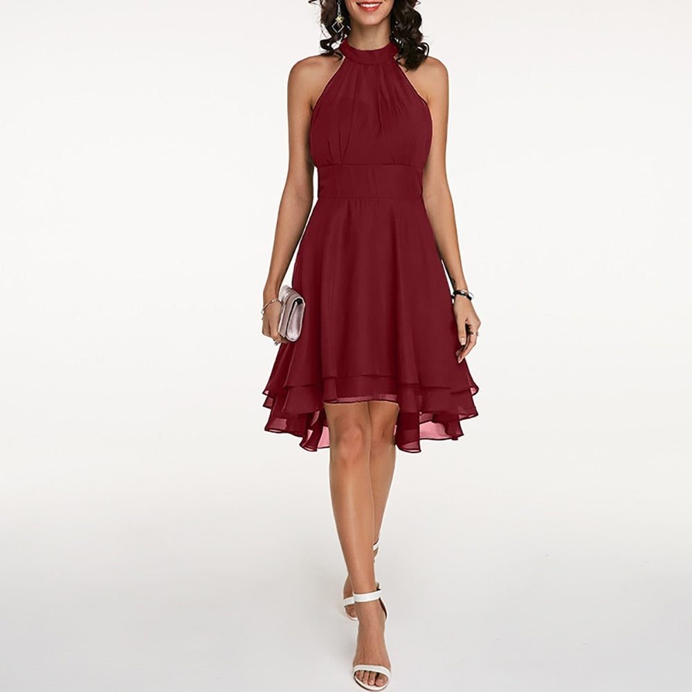 Halter Neck A-Line Knee-Length Dress for Women - Red