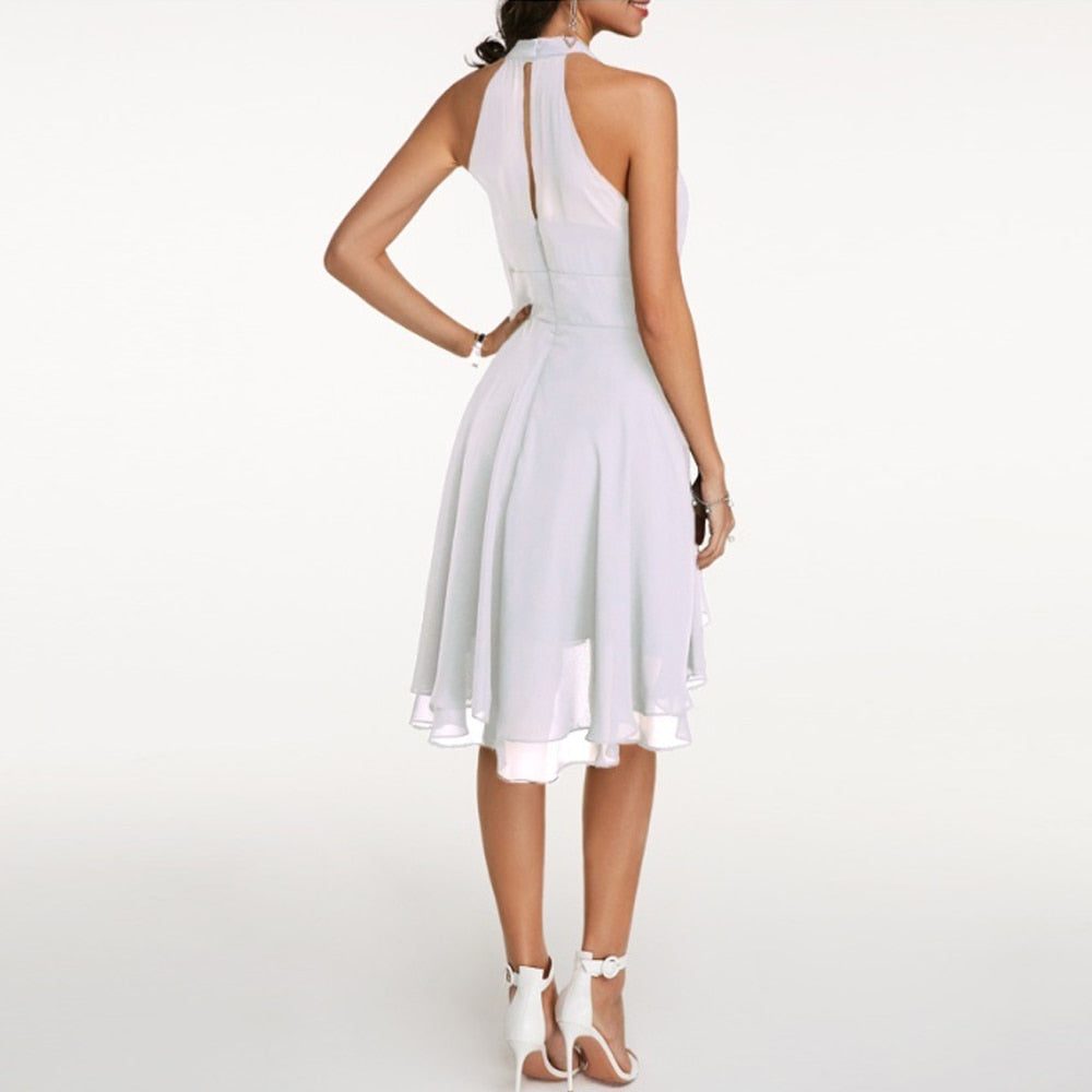 Halter Neck A-Line Knee-Length Dress for Women - White