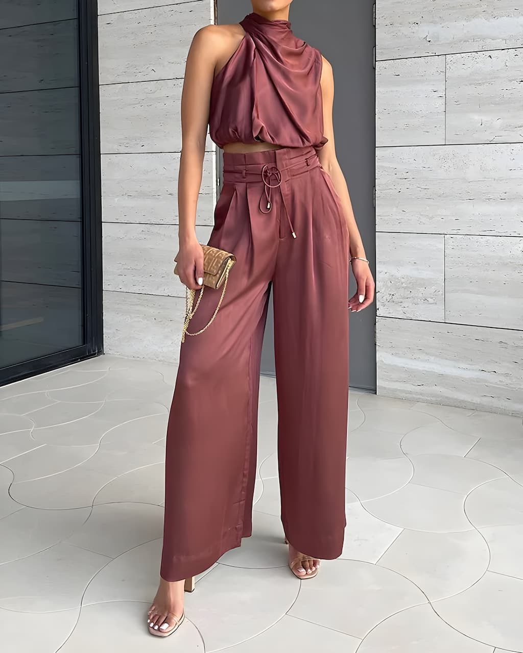 Halter Neck High-Waist Cropped Set for Women - Chestnut Brown