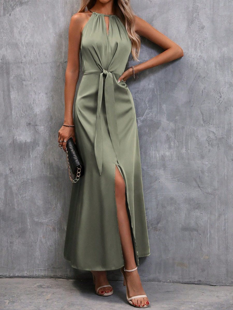 Halter Neck Maxi Dress with Tie Waist and Split for Women - Green