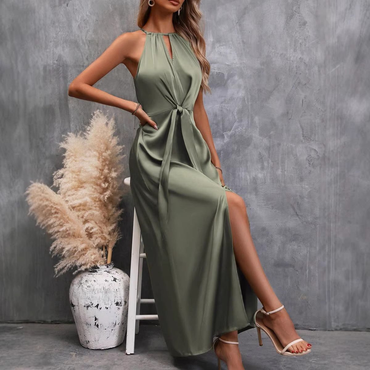 Halter Neck Maxi Dress with Tie Waist and Split for Women