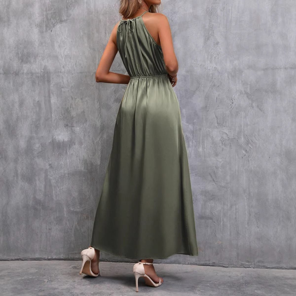 Halter Neck Maxi Dress with Tie Waist and Split for Women - View 3