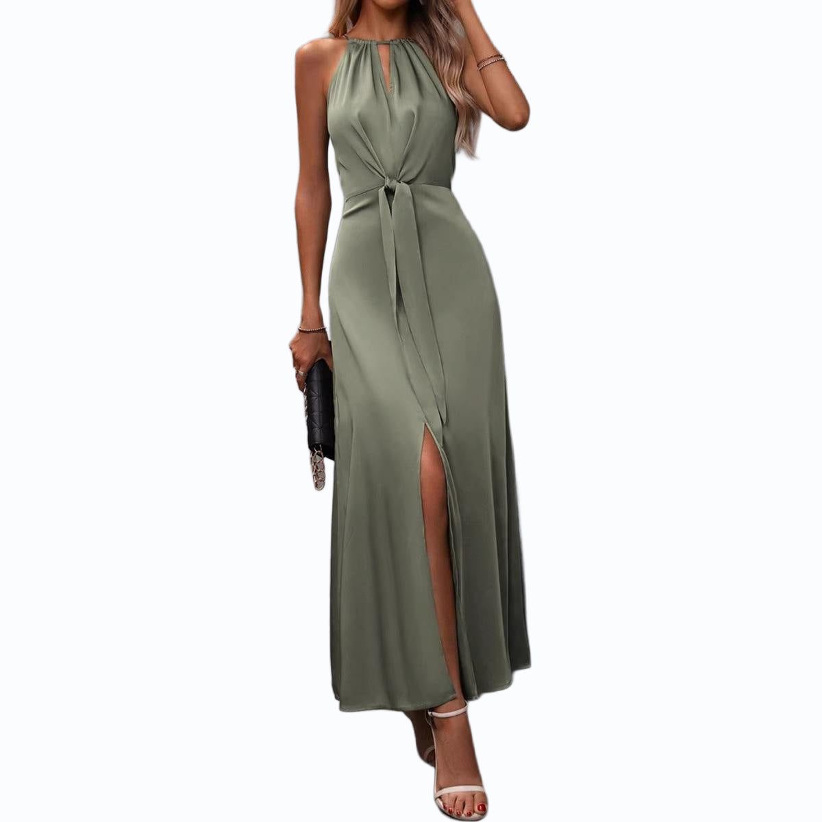 Halter Neck Maxi Dress with Tie Waist and Split for Women - View 4