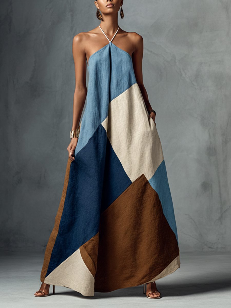 Halter Neck Patchwork Linen Maxi Dress for Women