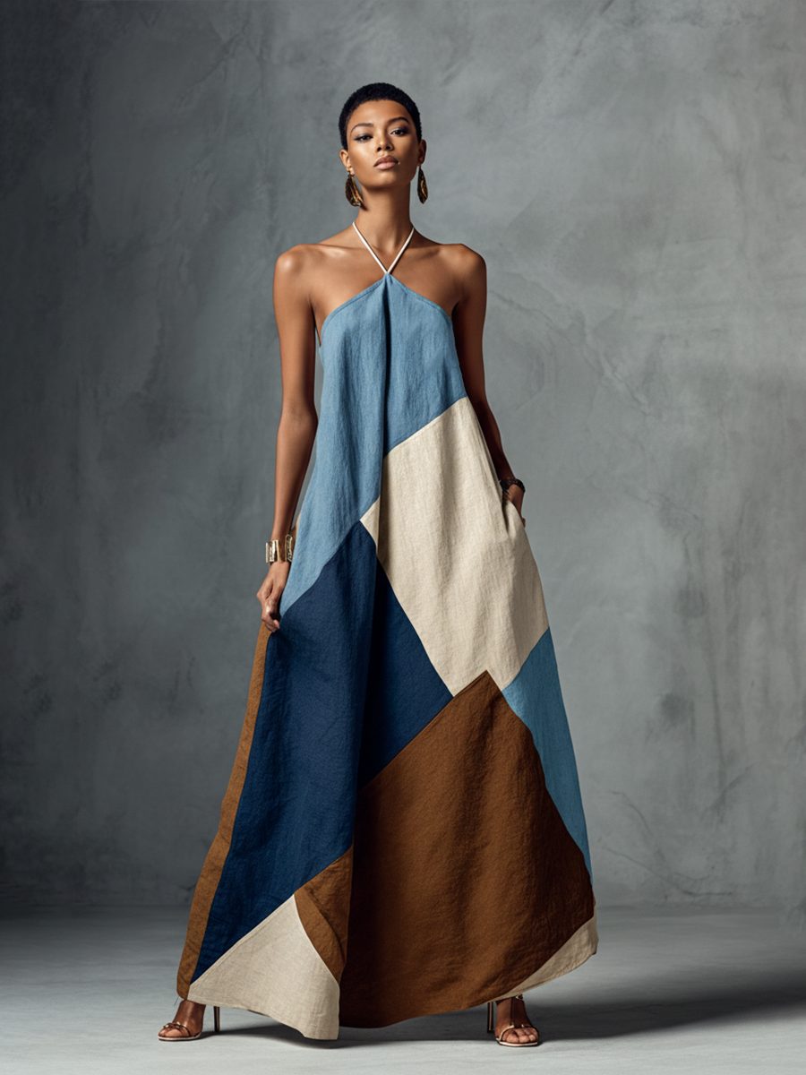 Halter Neck Patchwork Linen Maxi Dress for Women - View 2