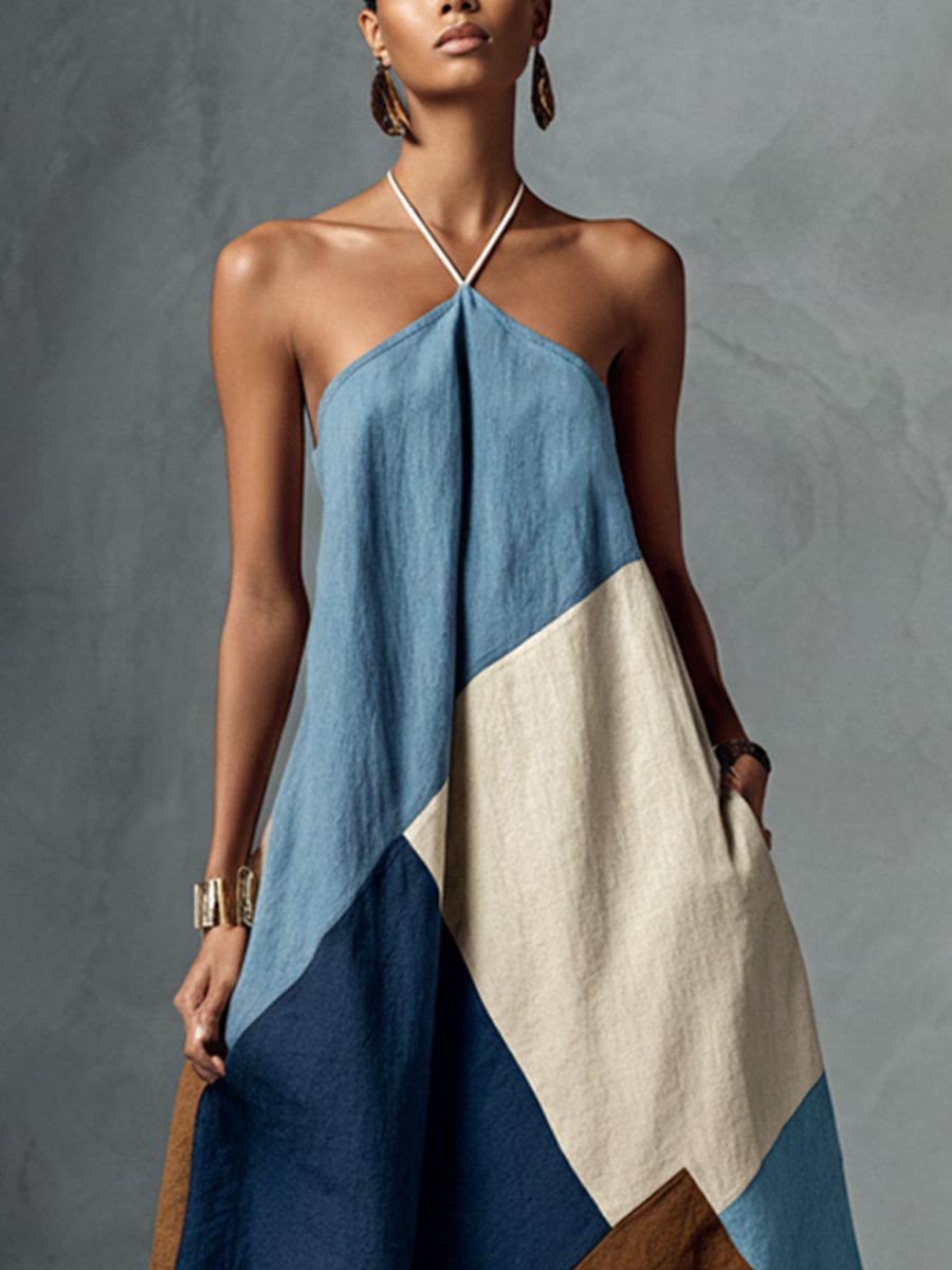 Halter Neck Patchwork Linen Maxi Dress for Women - View 3