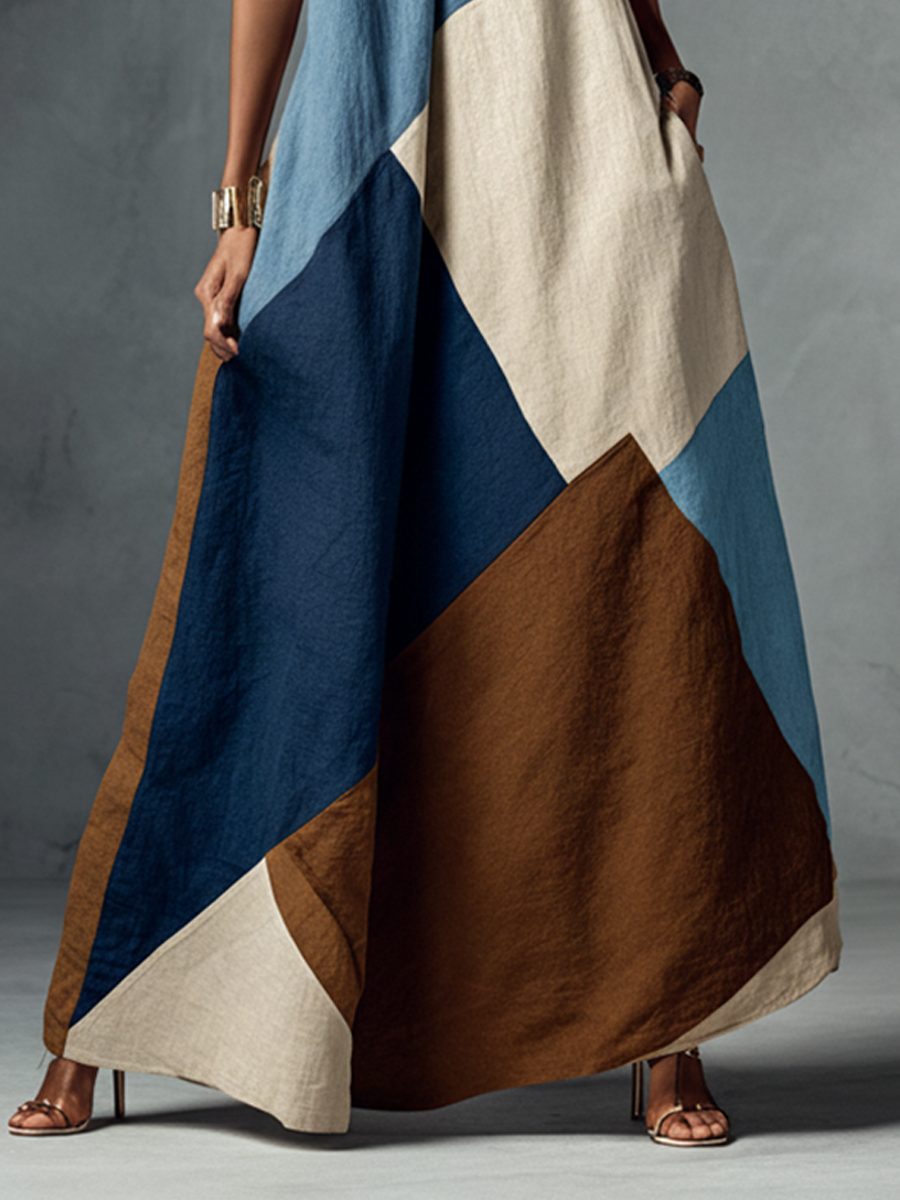 Halter Neck Patchwork Linen Maxi Dress for Women - View 4