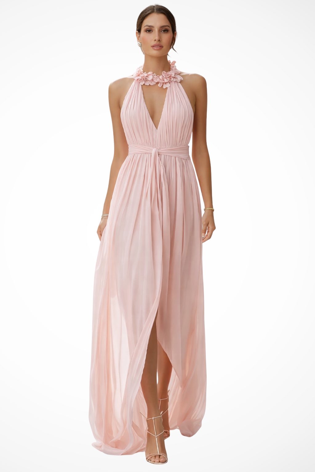 Halter Neck Pleated Chiffon Maxi Dress for Women