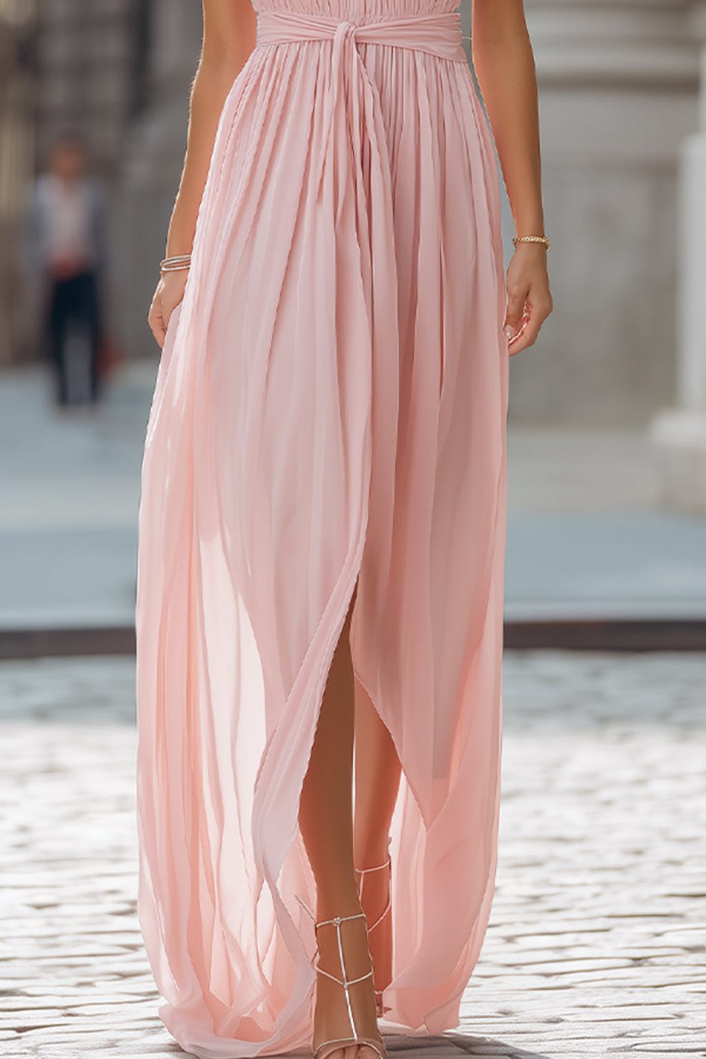 Halter Neck Pleated Chiffon Maxi Dress for Women - View 3